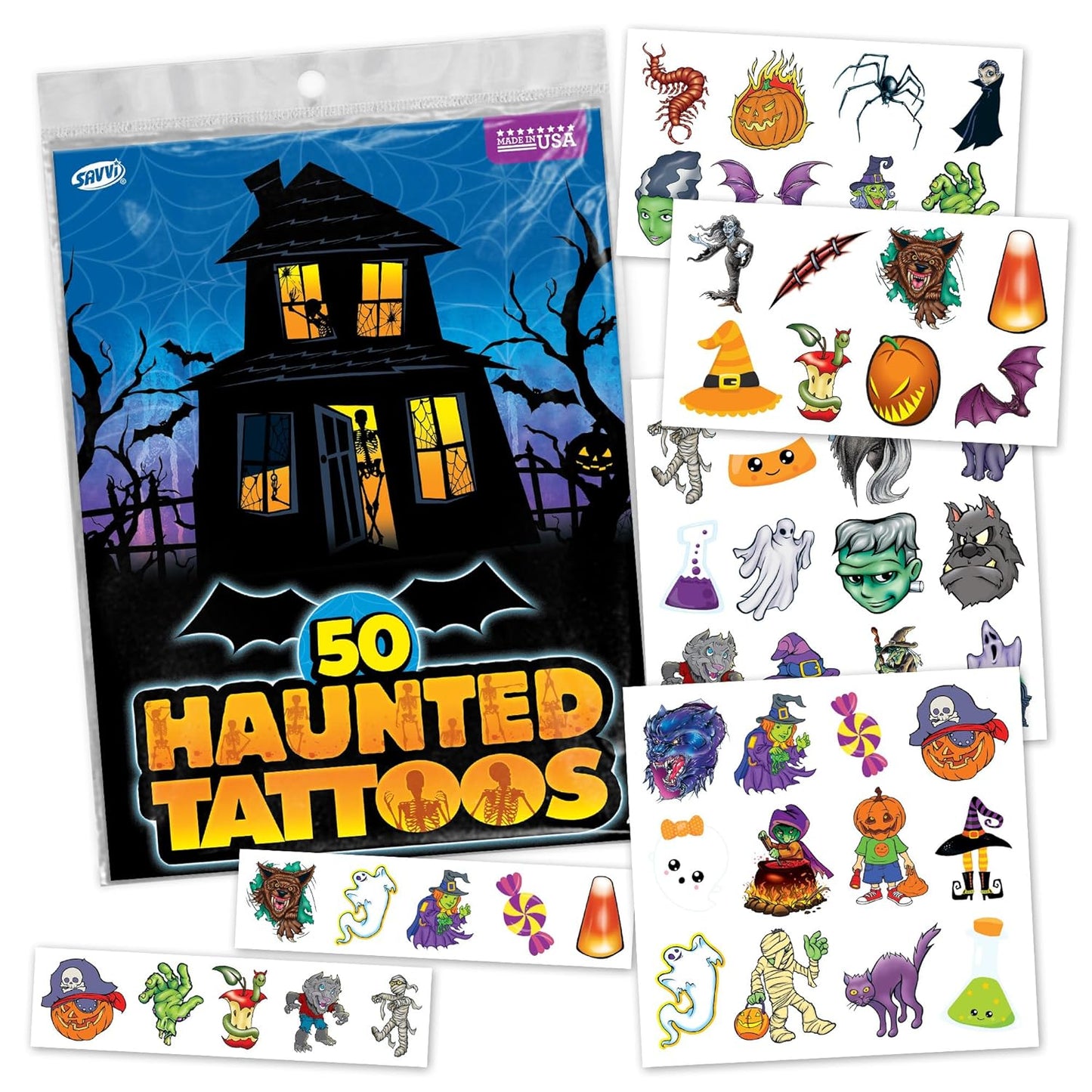 Assorted Halloween Temporary Tattoos – Spooky Designs for Kids & Adults, Includes Ghosts, Pumpkins, Bats, Skulls & More, Non-Toxic Party Favors & Trick-or-Treat Handouts