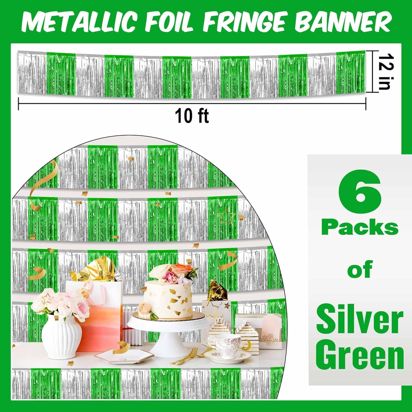 6 Pack 10 Ft Silver Green Foil Fringe Garland Metallic Streamers Tinsel Banner Wall Hanging Garland Backdrop for Parade Floats, Halloween, Christmas, Thanksgiving, New Year Party Decorations