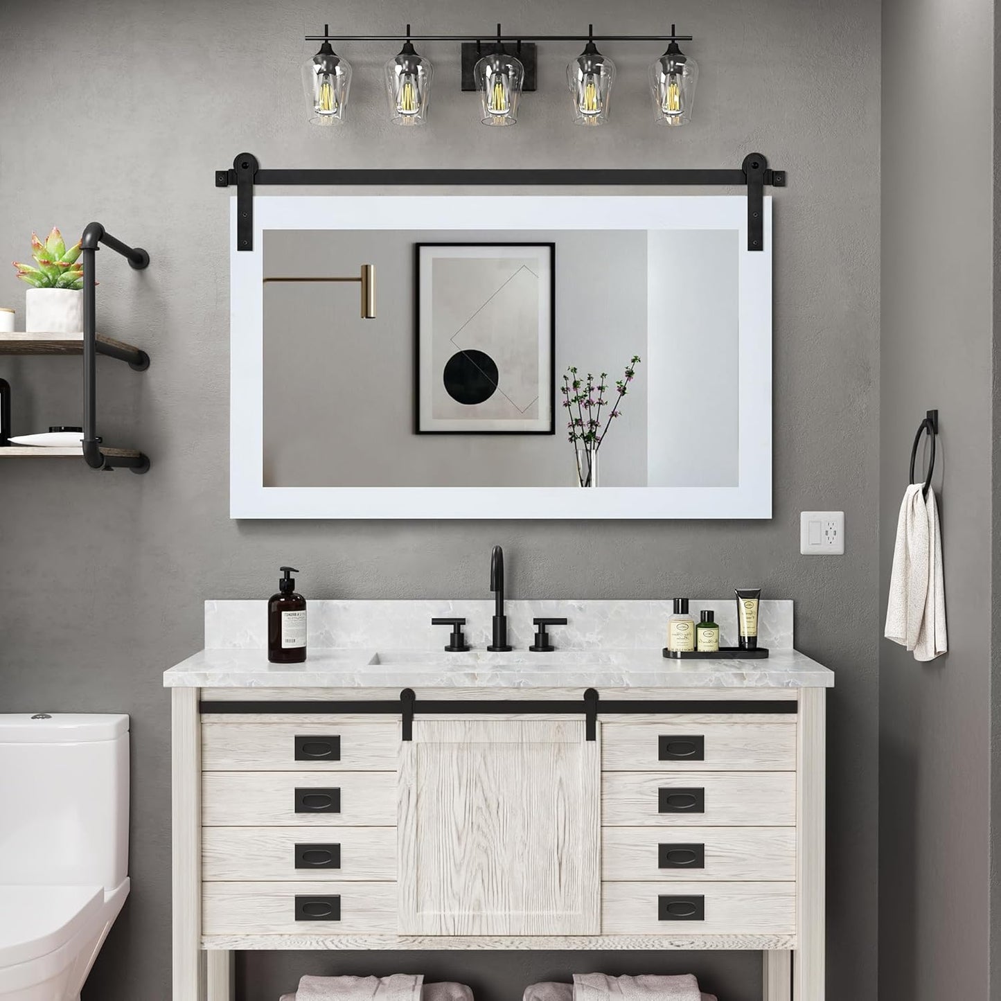 COGOOD Farmhouse Bathroom Mirror - 41" x 30" Rustic Barn Door Mirror for Living Room, Entryway, Bedroom, Vanity Wall Decor (Pure White)