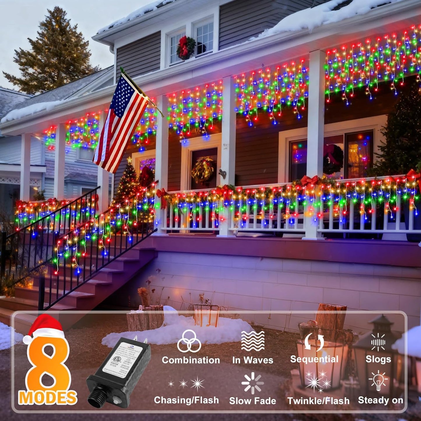 KNONEW Christmas Lights Outdoor Decorations 400 LED 33ft 8 Modes Curtain Fairy String Light with 75 Drops, Clear Wire LED String Light for Wedding Party Holiday Christmas Decorations Multicolor