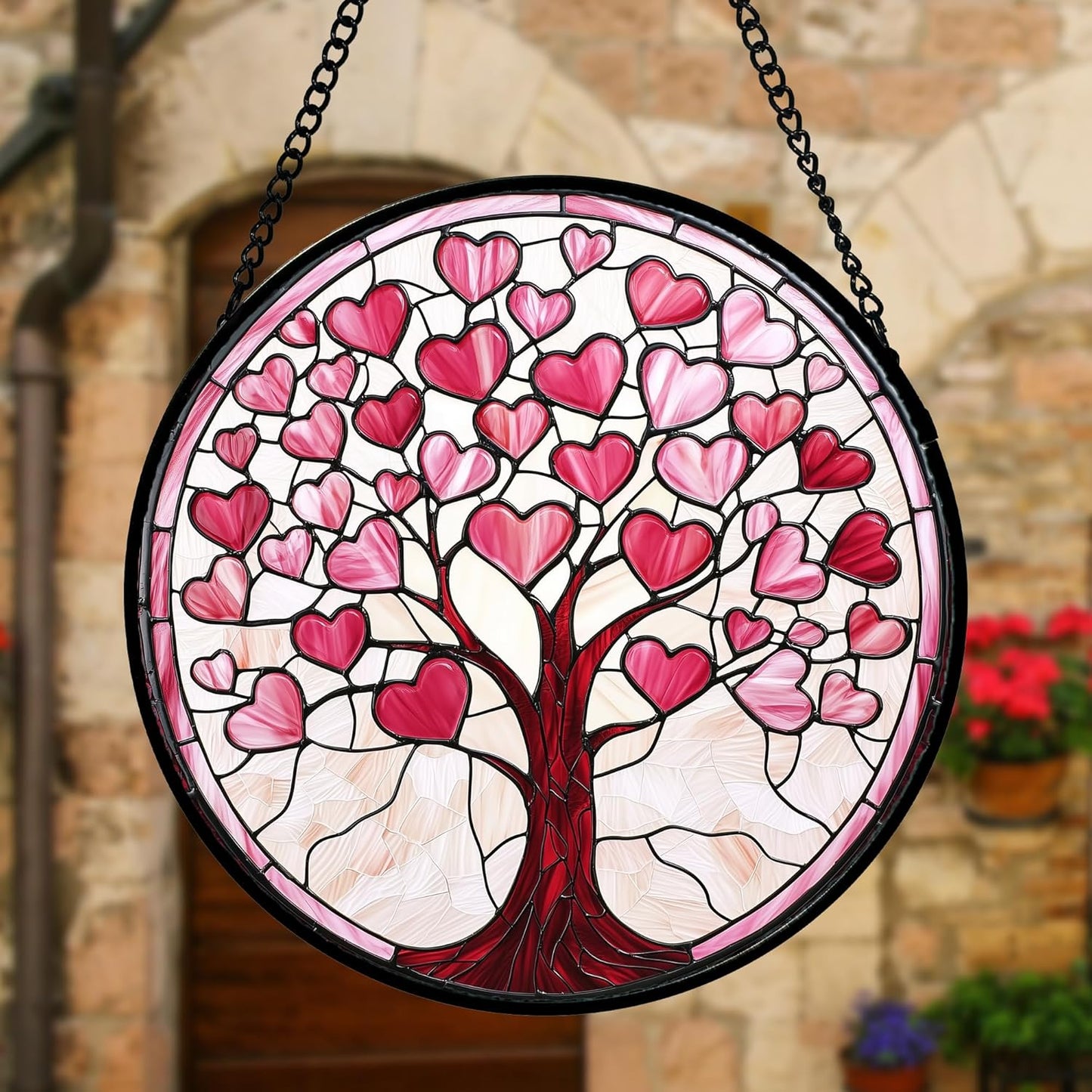 Stained Glass Window Hanging, Pink Love Heart Tree Suncatcher Hangings Beige Sun Catchers Decor for Birthday Holiday for Women, Men, Wife, Aunt, Mom 7.8 in
