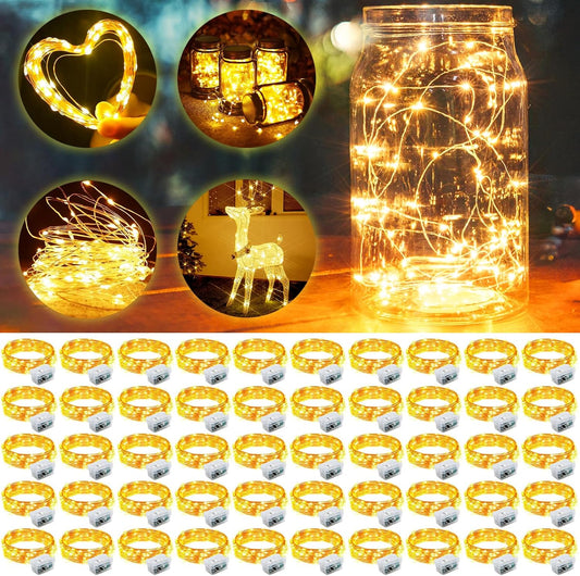 Aogist 50 Pack Fairy Lights 3 Modes 7ft 20 LED Waterproof,Battery Operated Silver Wire Firefly Starry Moon Mini String Lights for Mason Jars Christmas DIY Crafts Wedding Party Bedroom,Warm White