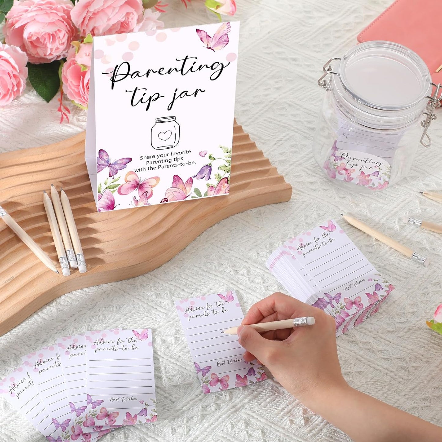 Roowest Baby Shower to Baby Advice Cards for New Parents to Be - Tip Jar Sign for New Parents 60 Parenting Advice Cards 10 HB Pencils 2 Cute Stickers 1 Pet Bottle for Guests Games(Butterfly)