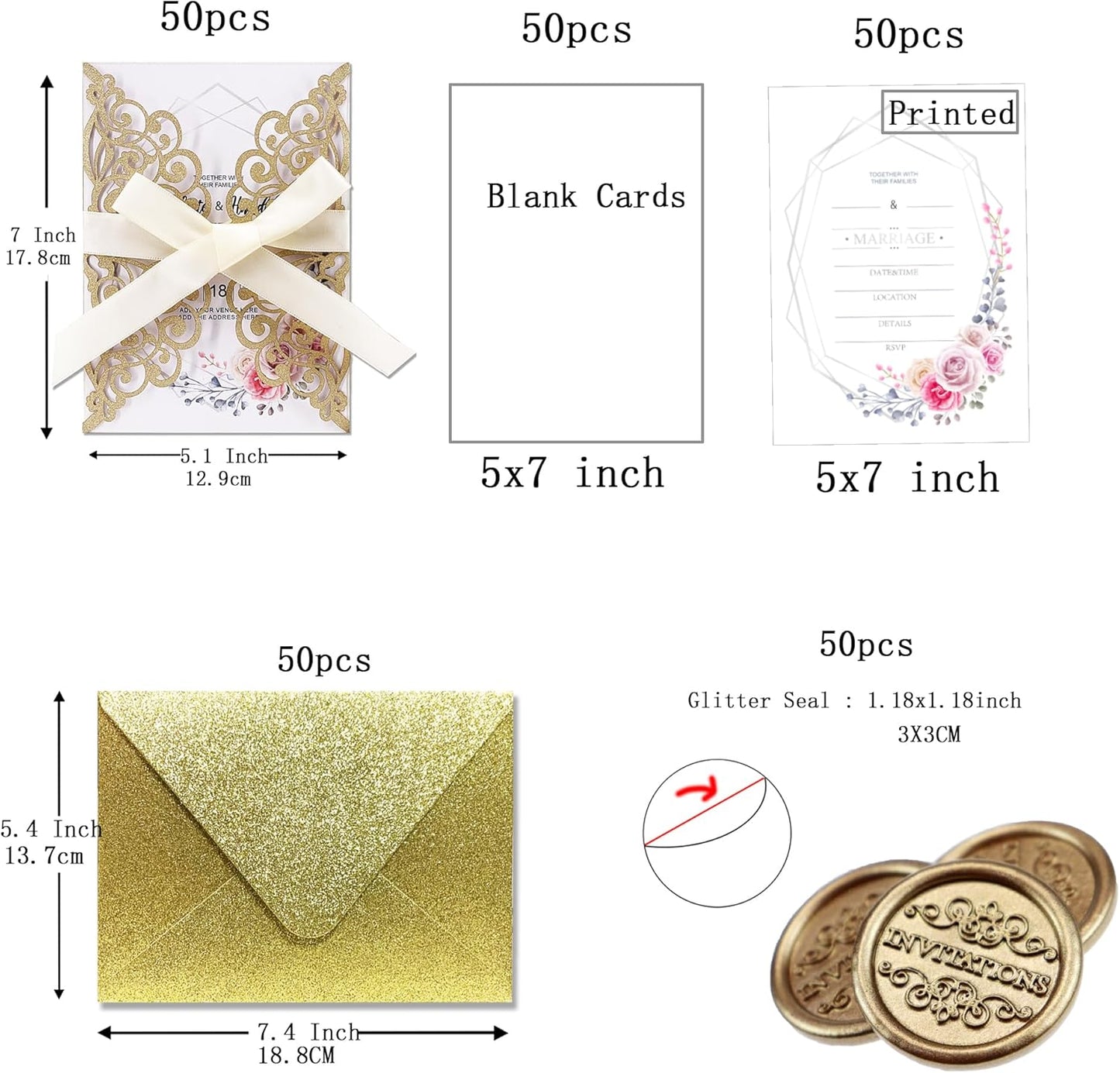 50Pcs Laser Cut Wedding Invitation With Glitter Envelopes And Ribbons Blank Personalized Card Invitaciones Para quinceañera Birthday Baby Shower Christmas Party Bridal Shower (Gold)