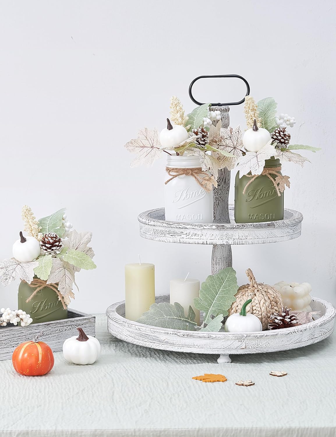 Fall Thanksgiving Table Decor, Centerpieces for Tables with Mason Jar, Fake Flowers, Wood Tray, 16 Pcs Pumpkin Fall Thanksgiving Centerpieces Table Decorations for Home, Farmhouse Kitchen Decor