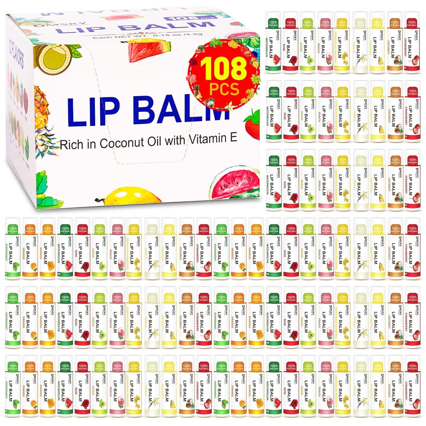 DMSKY 108 Pack Lip Balm, Natural Lip Balms Bulk with Vitamin E and Coconut Oil, Moisturizing Lip Balms for Chapped Lips, Bulk Lip Balm for Women-12 Flavors