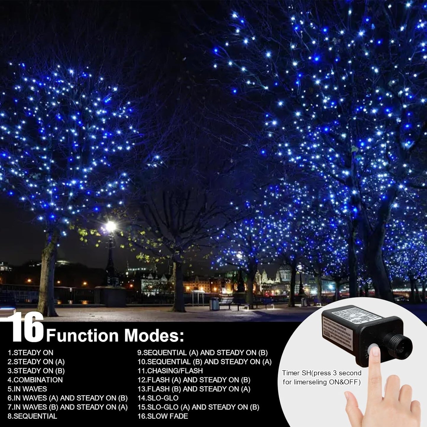 LAMPHOME 33ft Christmas Decorative Mini Lights, 100 LED Transparent Wire Fairy Starry String Lights Plug in, 16 Lighting Modes for Outdoor Xmas Tree Wedding Party Decoration (White+Blue)