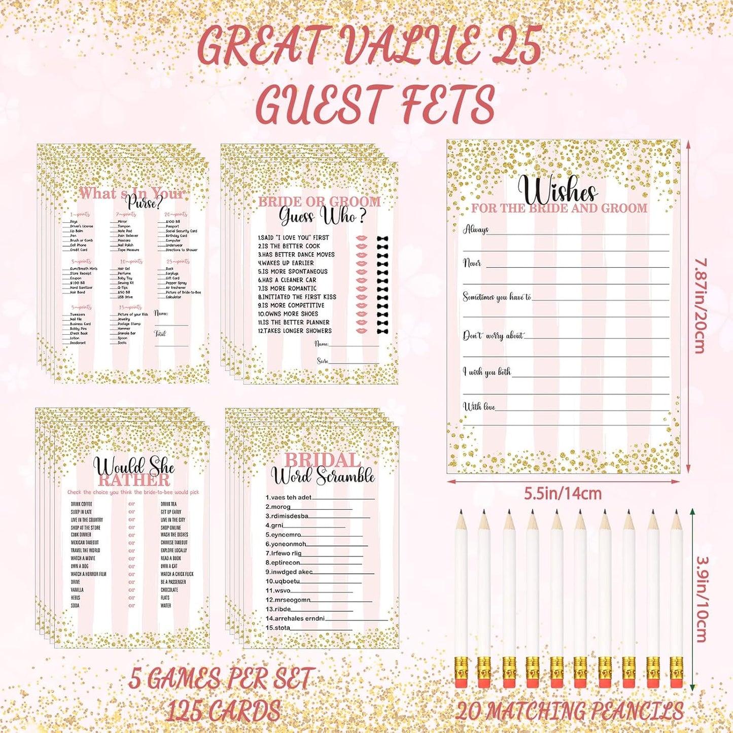 Teling 145 Pieces Bridal Shower Game Bridal Shower Favors Set Wedding Games Cards and Pencils for Bride Groom Bachelorette Party Wedding Party Favor(Confetti Style)