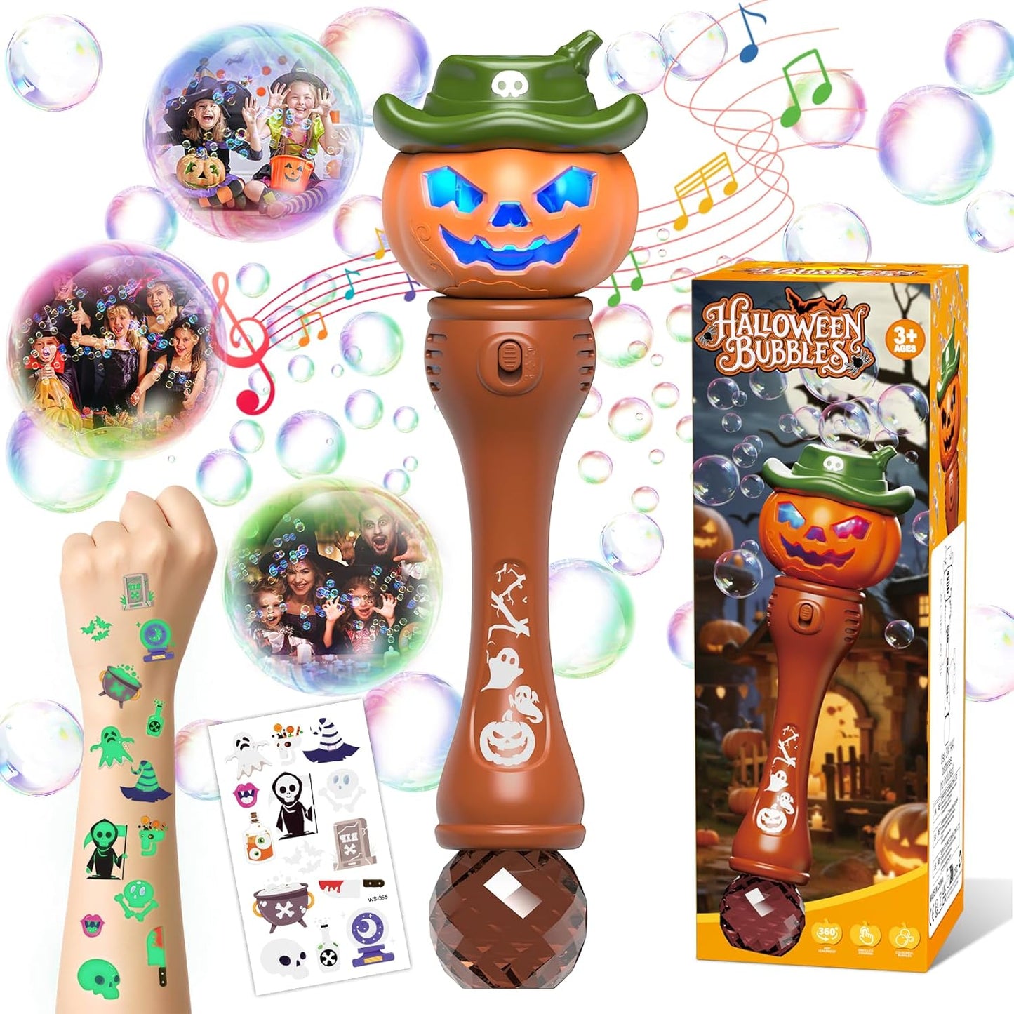 Halloween Bubble Machine Wand for Kids, Light up & Music Pumpkin Bubble Wand-1 Temporary Tattoos and 5 Bubble Solution, Halloween Boo Basket Stuffers for Toddlers Boys & Girls 3 4 5 6 7 8 + Years Old