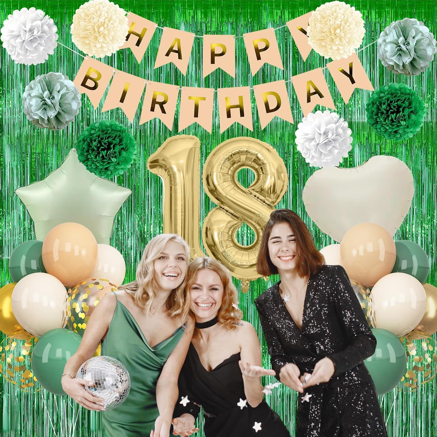 Sage Green 18th Birthday Decorations for Boys Girls Gold Number 18 Balloon Nude Gold Happy Birthday Banner Fringe Curtain Paper Pom Poms Olive Green Cream White Sand Star Foil Balloons Party Decor
