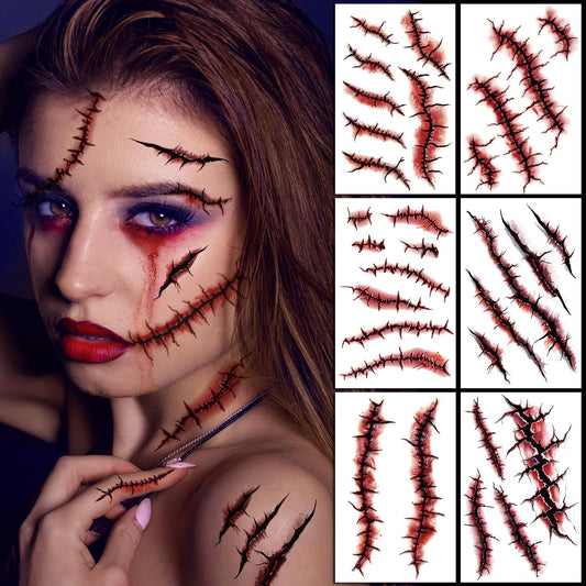 JCFIRE 12 Sheets Halloween Makeup Kit, Fake Scars Halloween Temporary Tattoos for Kids Adults, Zombie Costume for Kids Women, Tattoos Stickers Party Decorations Supplies Accessories
