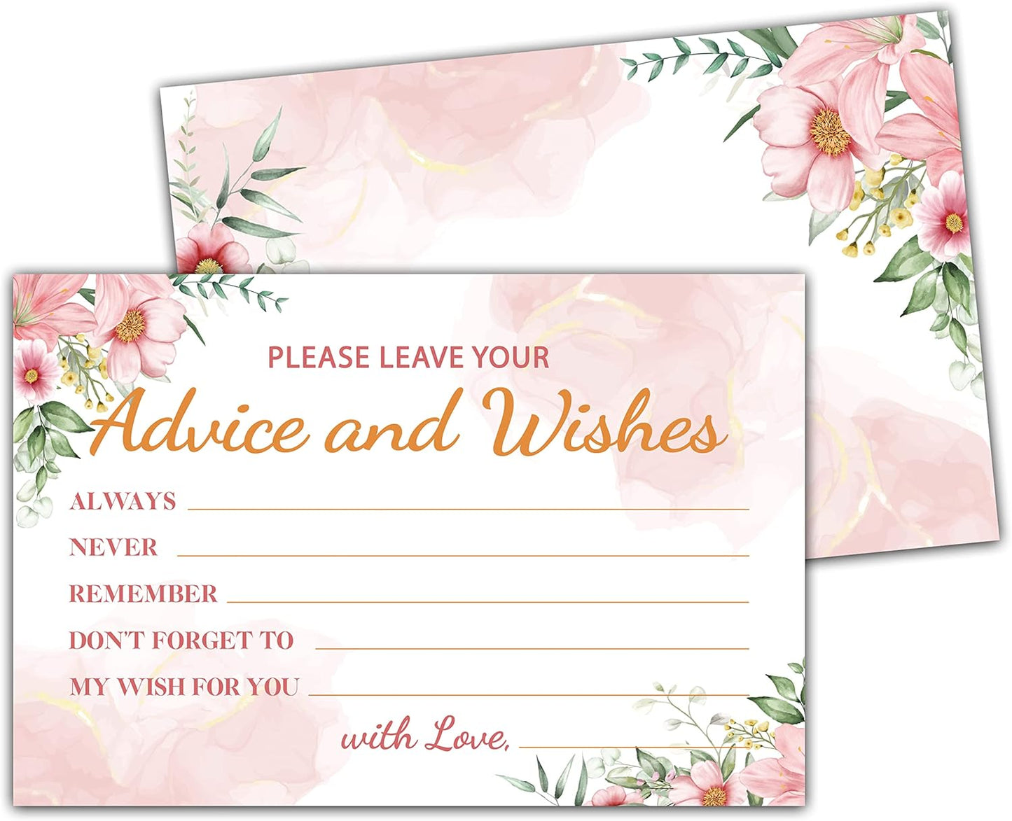 Boho Floral Greenery Advice and Wishes Cards, 25 Pcs Blush Pink Double Sided Advice Cards for The Bride and Groom, Mr and Mrs, Bride Shower, Wedding Reception, Engagement Party(06)