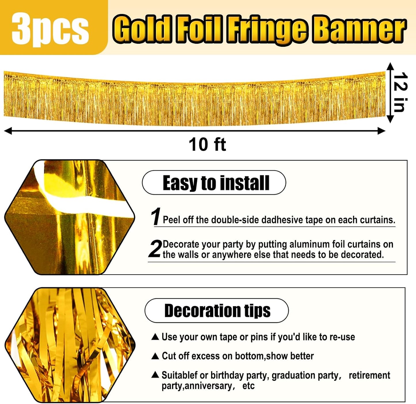 3 Pack 10 Long Gold Metallic Foil Fringe Garland Wall Hanging Tassle Banner, Mother's Day, Easter, Parade Floats, Birthday, Theme Party, Wedding Party Decorations
