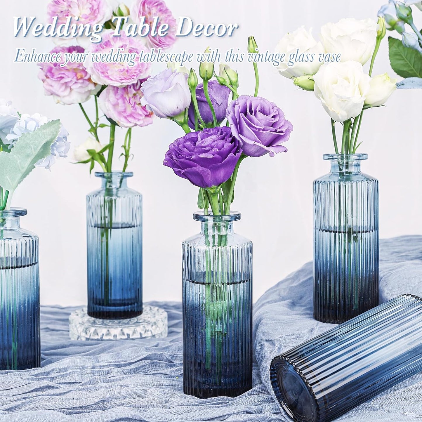 Navy Blue Glass Bud Vases Set of 12, Mini Ribbed Flower Vase for Centerpieces, Small Glass Vases in Bulk for Wedding Decorations, Vintage Vase for Table, Recepetion, Graduation, Home Décor