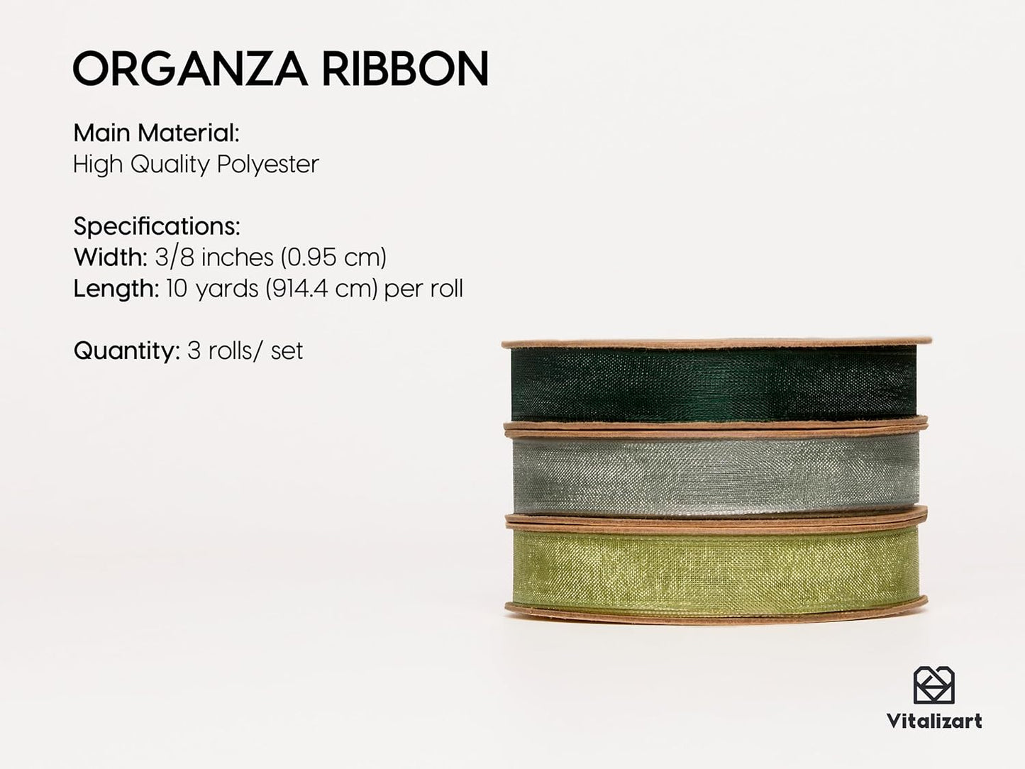 Vitalizart 3/8" x 30Yd Organza Ribbon Green Sheer Ribbons Set 10 Yd x 3 Rolls Drak Green Sage Handmade Eco-Friendly for Gift Wrapping Christmas Tree Crafts Bows Wedding Invitations Wreaths Wrap