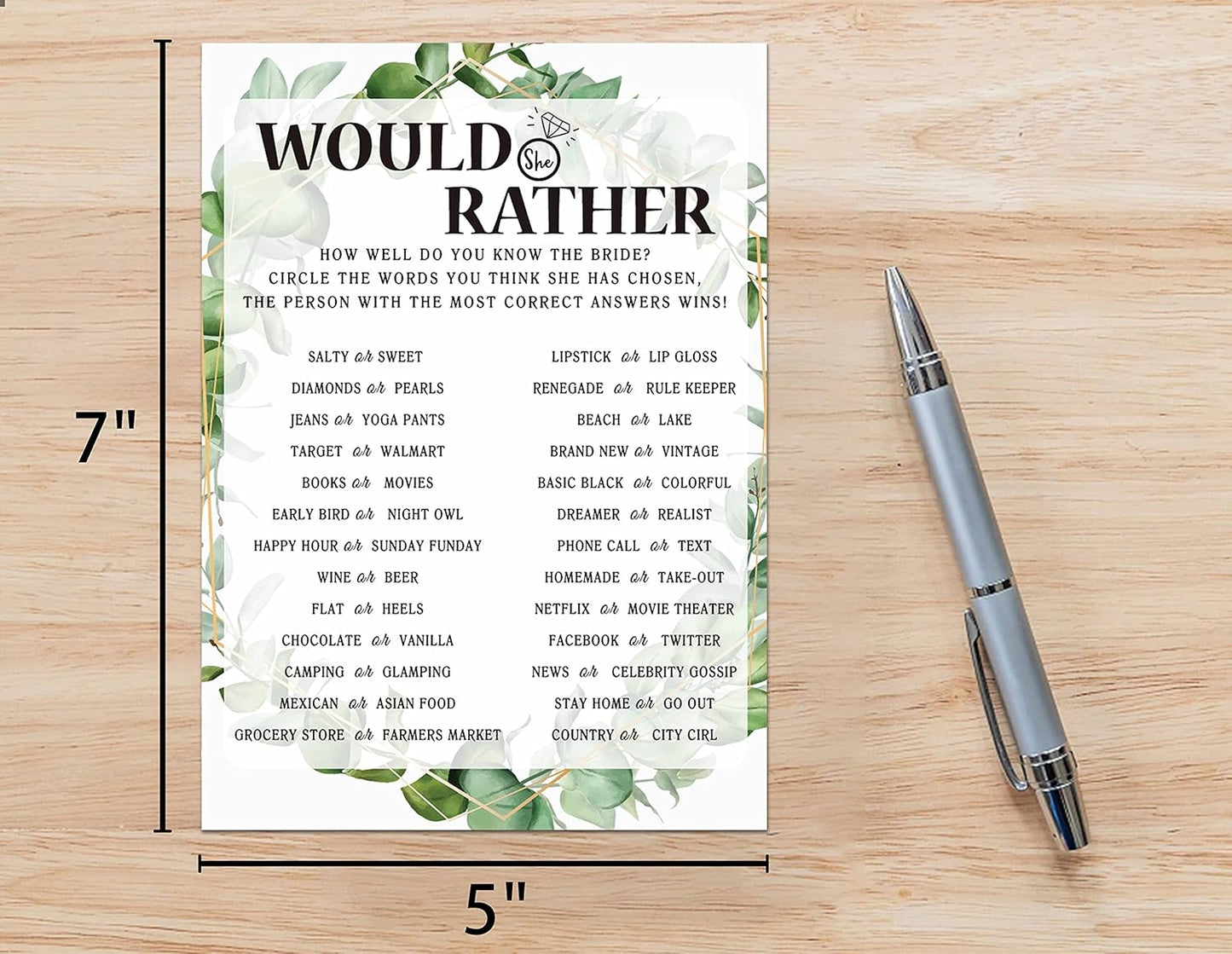 Bridal Shower Game Cards, Would She Rather Game, Tropical Jungle Theme Engagement Party Cards For Wedding, Set of 30 Cards(Leaf003)