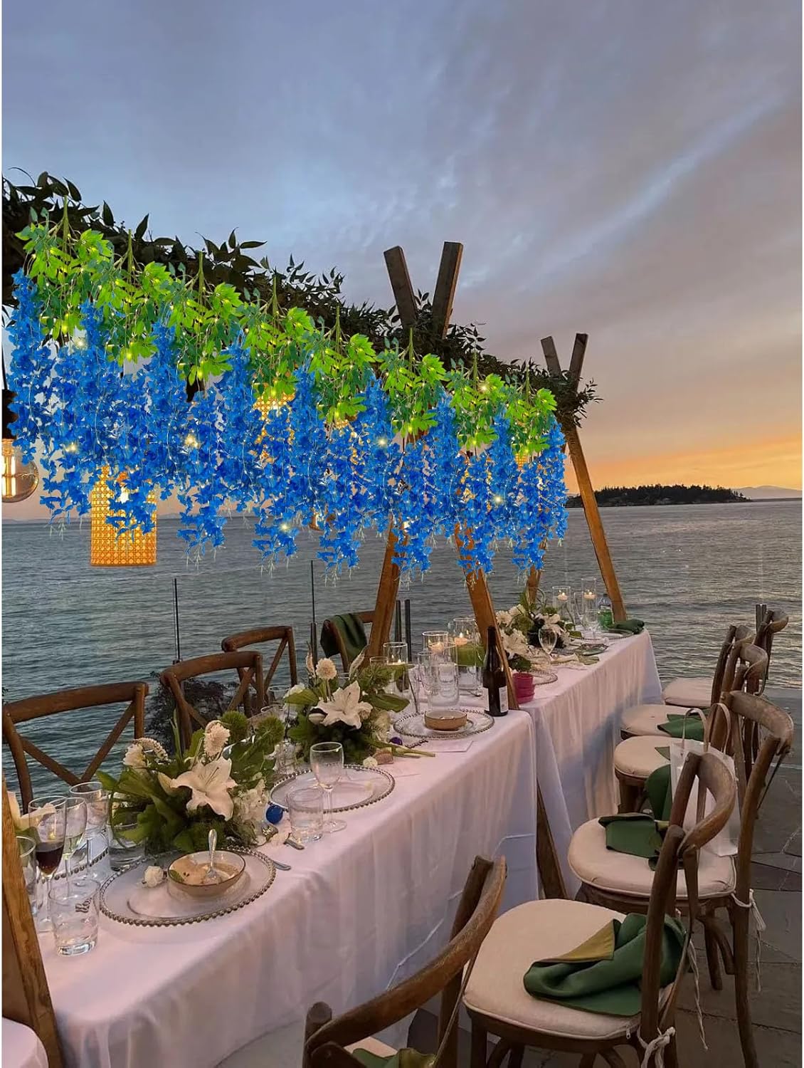 12 Pack Royal Blue Wisteria Hanging Flowers Garland with Lights, 3.44 Feet Artificial Flower Vines, Fake Wisteria, Artificial Vines Hanging Garland for Backdrop Outdoor Patio Garden Decor