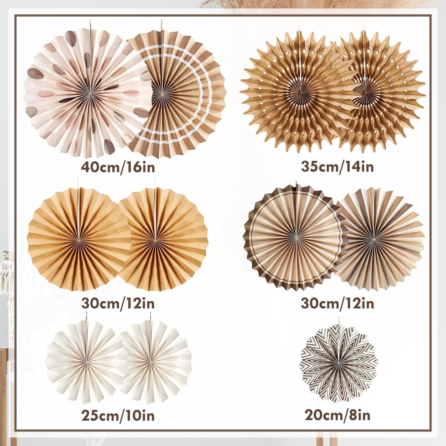 Boho Hanging Paper Fans White Brown Champagne Party Decorations Neutral Rustic Paper Fans Classroom Decoration for Baby Shower Birthday Wedding Bridal Party