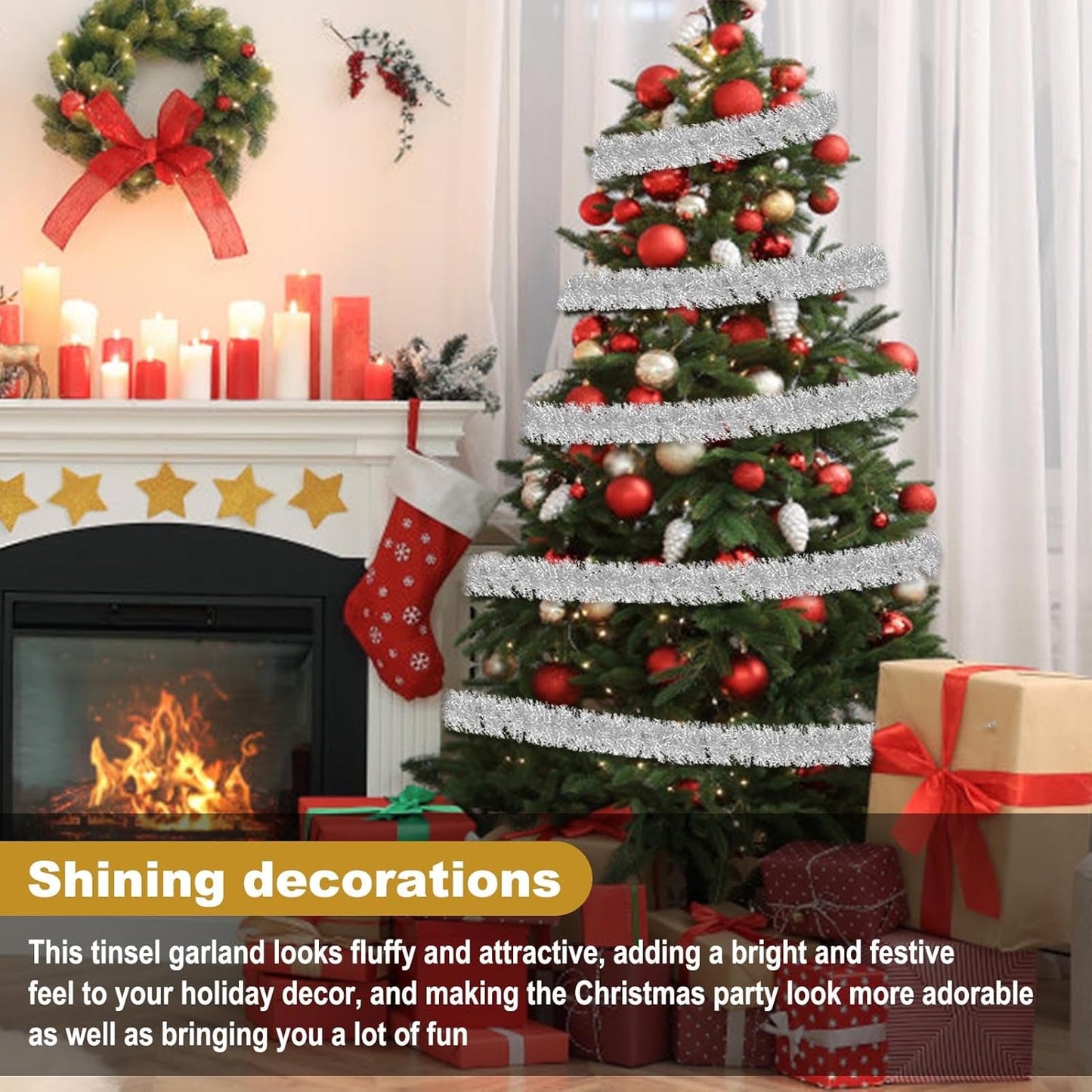 25 Feet Silver Christmas Tinsel Garland, Metallic Foil Twist Garland Wall Hanging Tinsel Banner Backdrop for Parade Floats, Easter, Mother's Day, Birthday Party Decorations (4in x 25ft)