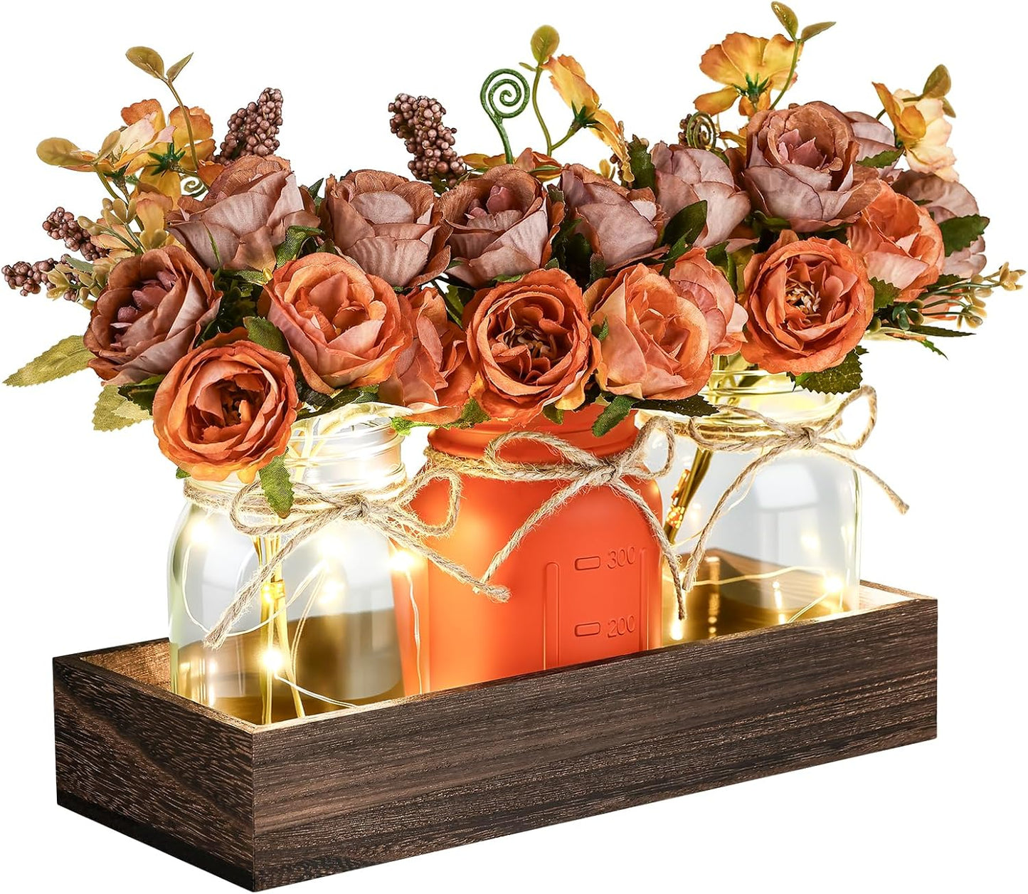 VAIPI Fall Decor Mason Jar Centerpiece Table Decorations with 3 Jar Flowers String Lights and Wooden Tray Fall Decorations for Home Dining Room Farmhouse Autumn Wedding Kitchen Living Room Bathroom