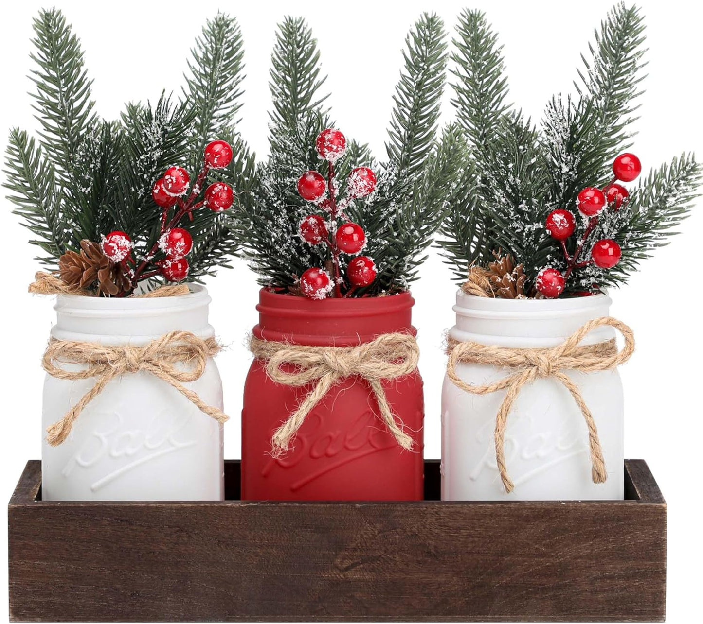 Christmas Mason Jars, Christmas Centerpieces for Tables, Wood Tray & 3 Painted Decorative Jars, Xmas Table Centerpieces Decoration, Farmhouse Dining Table Kitchen Decorations Home Decor