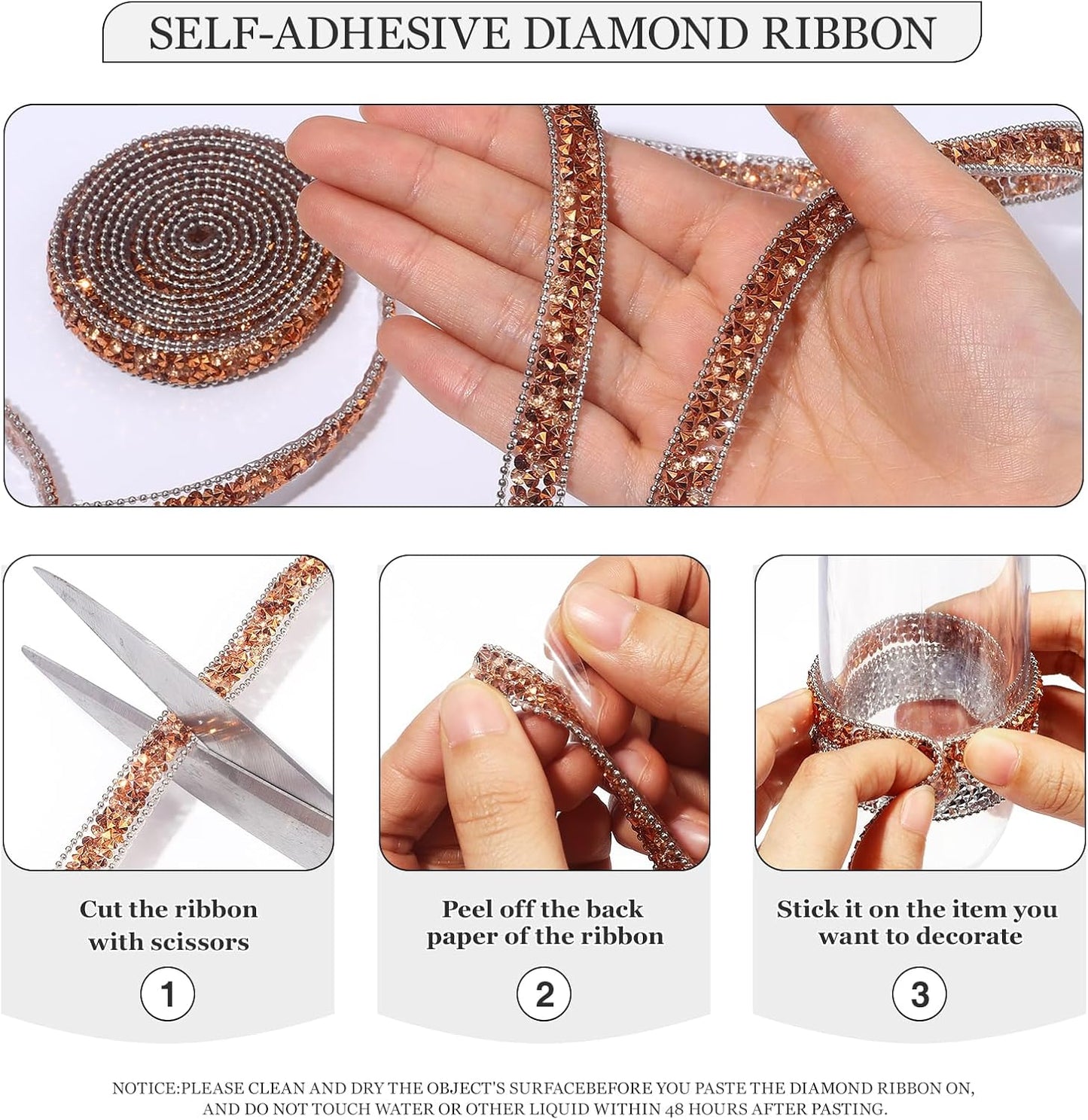 Rhinestone Ribbon 3 Yards Self Adhesive Rhinestone Strips Diamond Ribbon Sticker Crystal Roll Glitter Bling Rhinestones Tape for Crafting DIY Art Decoration (Rose Champagne,0.4 Inch)