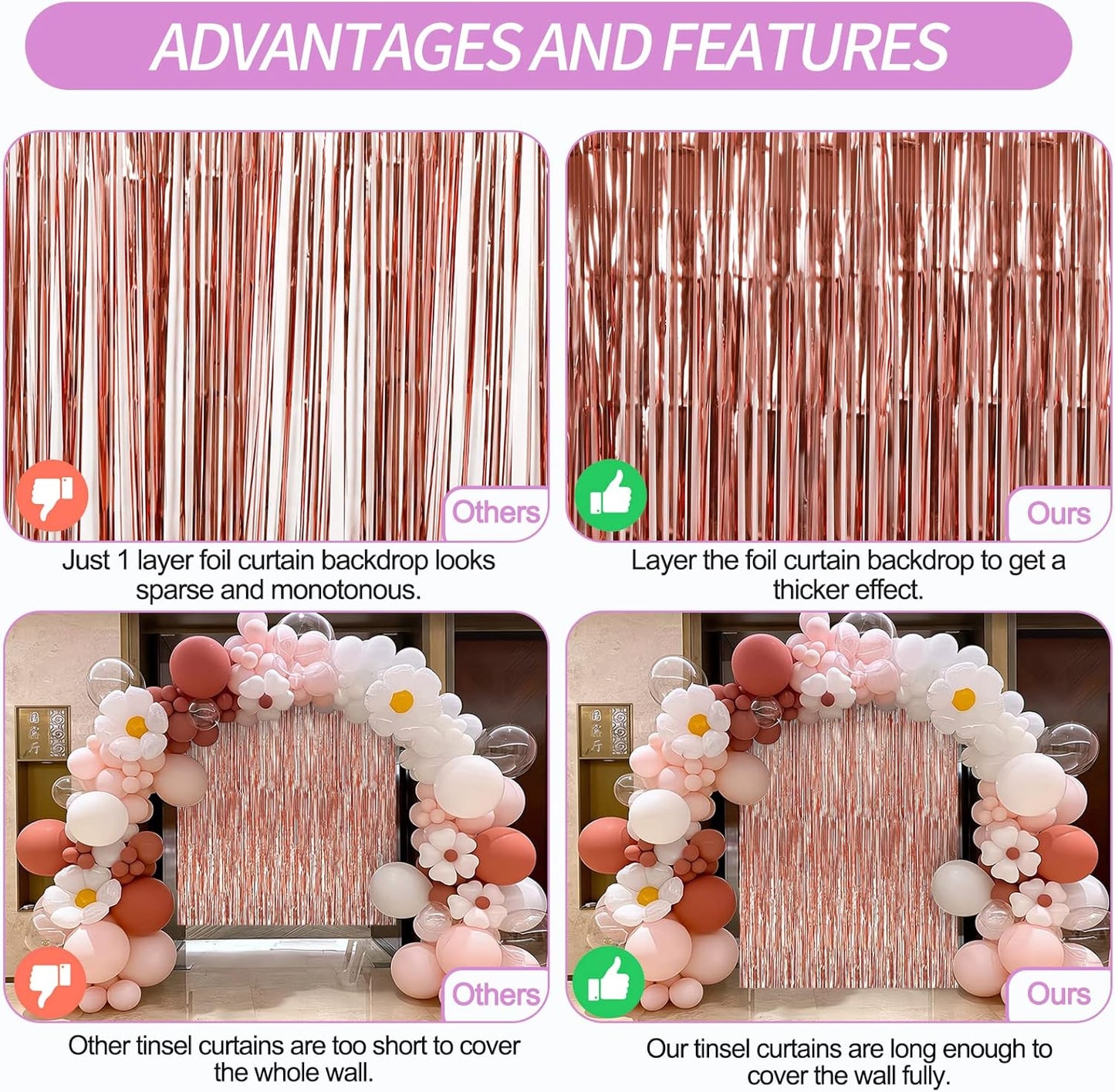 Crosize 2 Pack 3.3 x 9.9 ft Rose Gold Foil Fringe Backdrop Curtain, Streamer Backdrop Curtains, Streamers Birthday Party Decorations, Tinsel Curtain for Parties, Photo Booth Backdrops, Party Décor