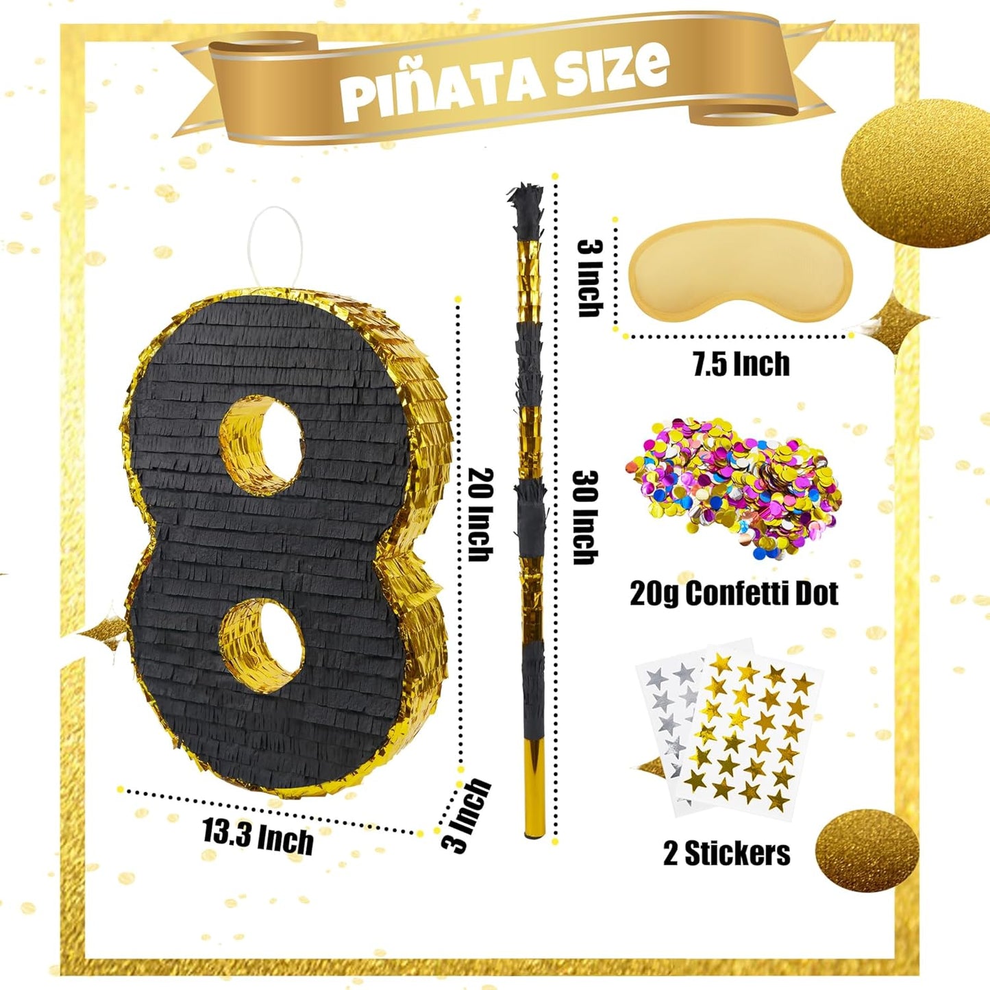 PCFING 20 Inch Number 8 Piñata Gold Black with 30 Inch Piñata Stick Blindfold Confetti for Man Women Boys Girls Birthday Party Decorations, Anniversary Celebration, Fiesta