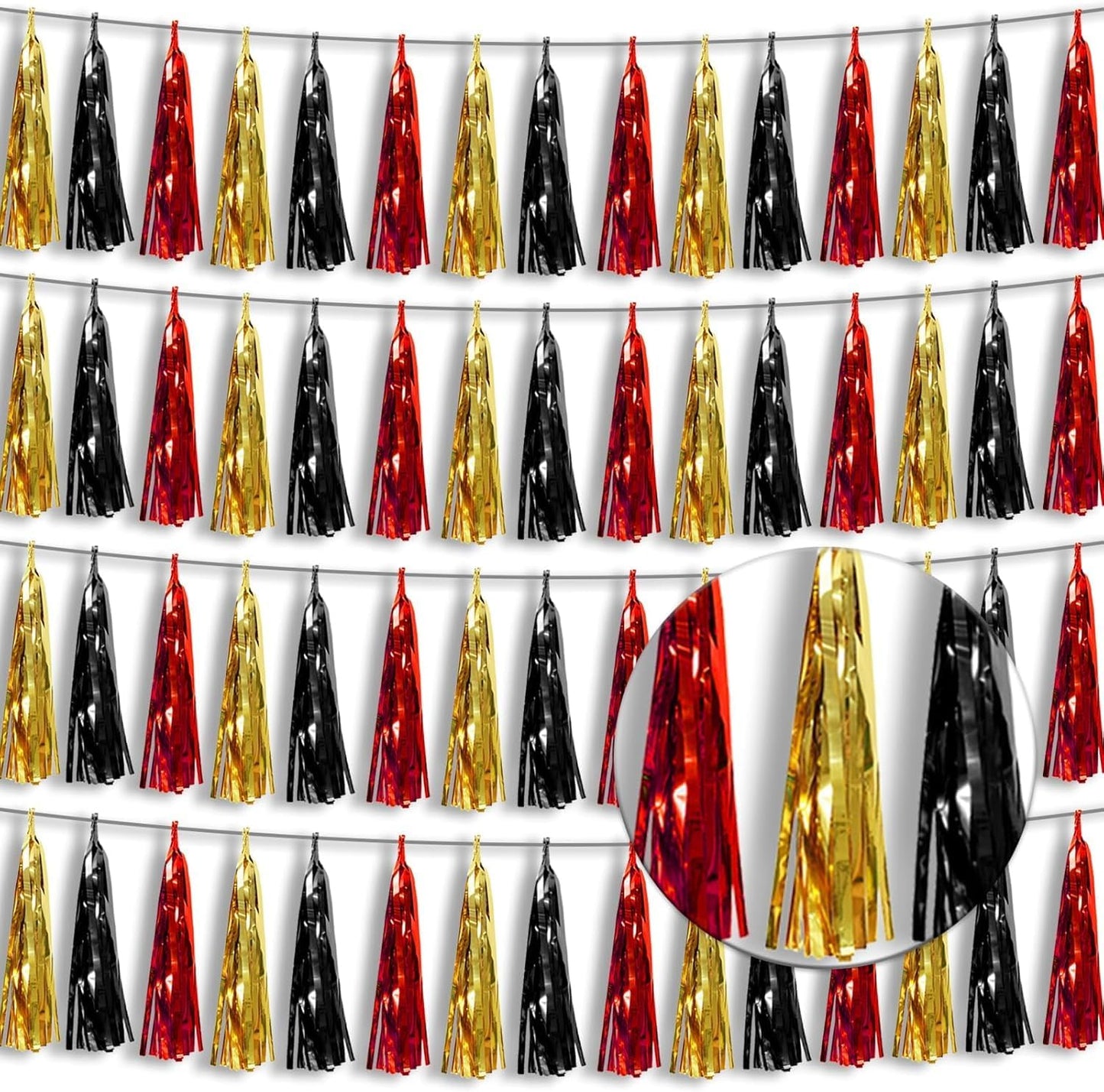 4P Red-Black Gold Foil Fringe Tassel Banner Garland Metallic Tinsel Streamers Wall Hanging Curtain Backdrop Banners for Parade Floats, 2025 Graduation Decorations, Baby Bridal Shower Party Decoration