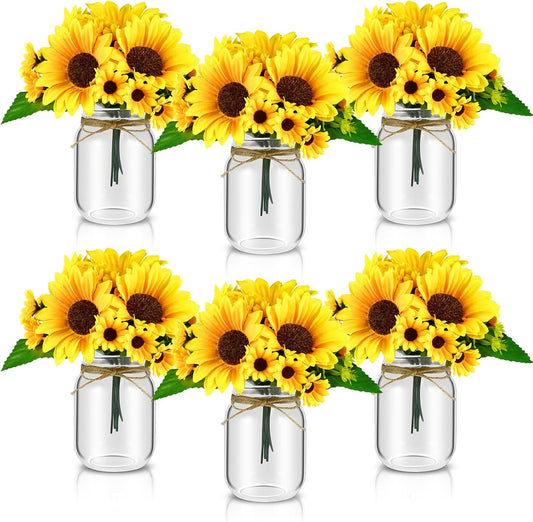 6 Set Centerpiece Table Decorations Mason Jar Table Centerpiece with Flower Mason Jar Wedding Centerpieces Vases Decor for Reception Engagement Party Bridal Shower (Sunflower)