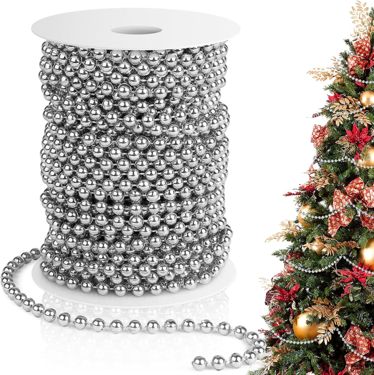 Pearl Beads Garland, 6 MM Silver Faux String of Pearls, Pearl Garland for Christmas Tree 82FT Pearl Beads Strand Spool Bead Roll for Crafts Floral Centerpieces Wedding Party Christmas Tree Decorations