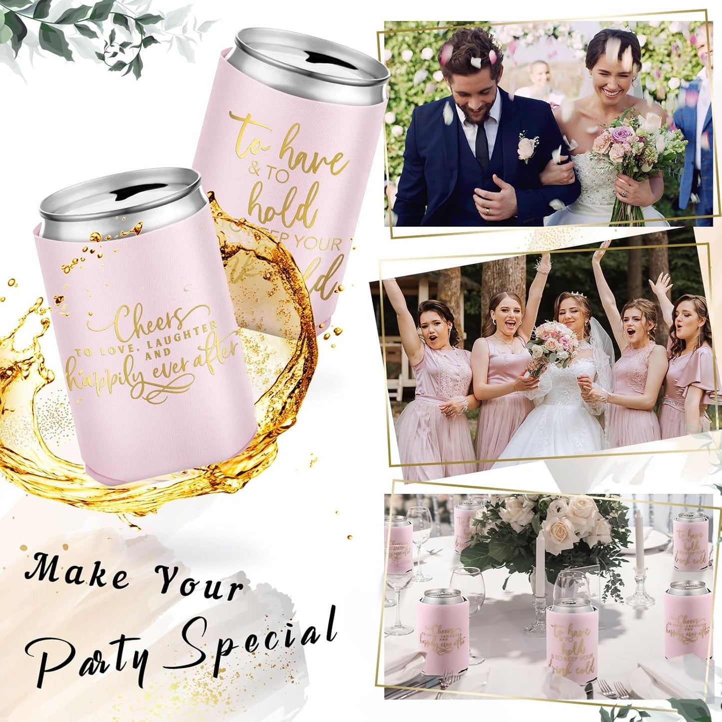 50 Pieces Pink Rose Wedding Can Cooler Bulk Engagement Party Favors for Guests Cheers to Love Laughter and Happily Ever After Rehearsal Dinner Decorations for Wedding Bridal Party