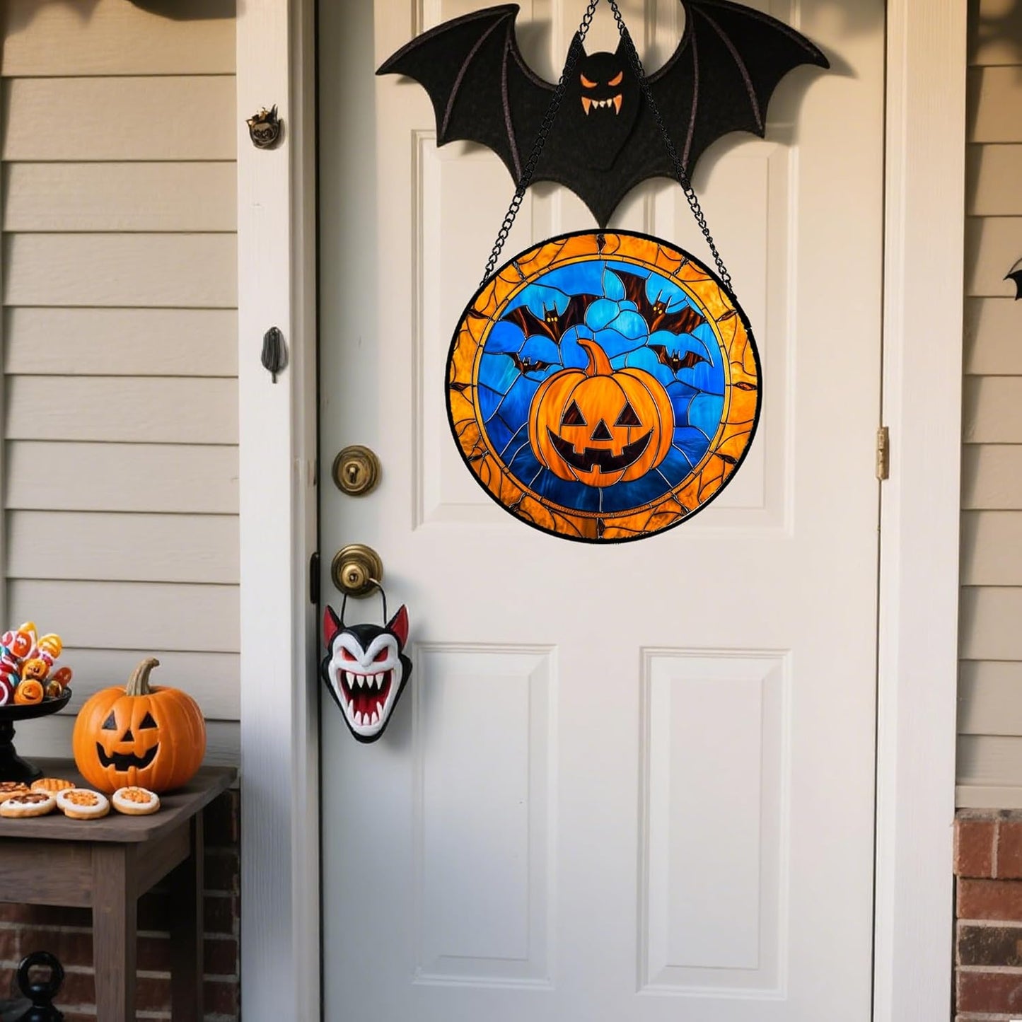 Stained Glass Window Hanging - Halloween Evil Pumpkin Suncatcher for Doors Window Garden Indoor Spooky Brown Bat Sun Catchers Gothic Decor Horror Gifts for Women Men Friend Boy Girl 6.3 in