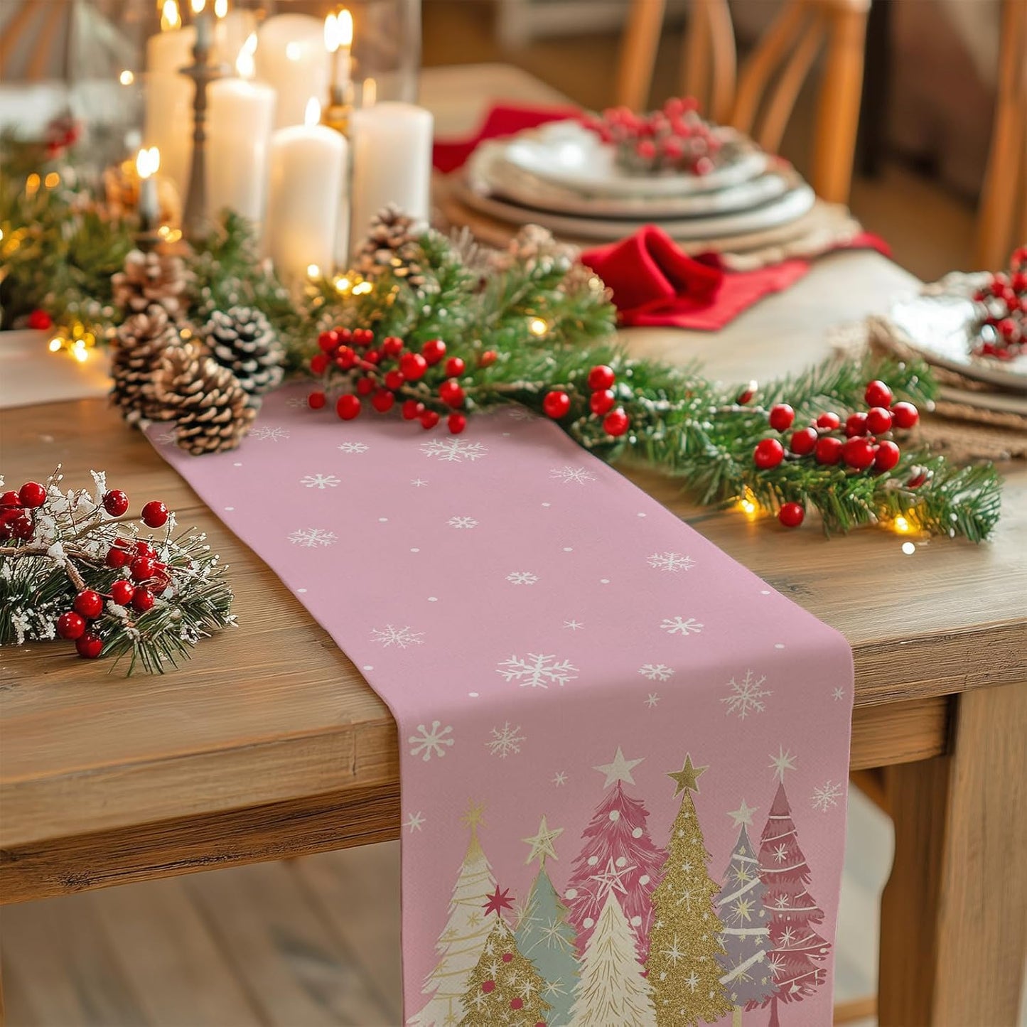 GEEORY Christmas Table Runner 13x48 Inch, Xmas Trees Snowflakes Holiday Decorative Farmhouse Table Decoration for Kitchen Dinning, Indoor Outdoor Dinner Party Decor (Pink) GT153-48