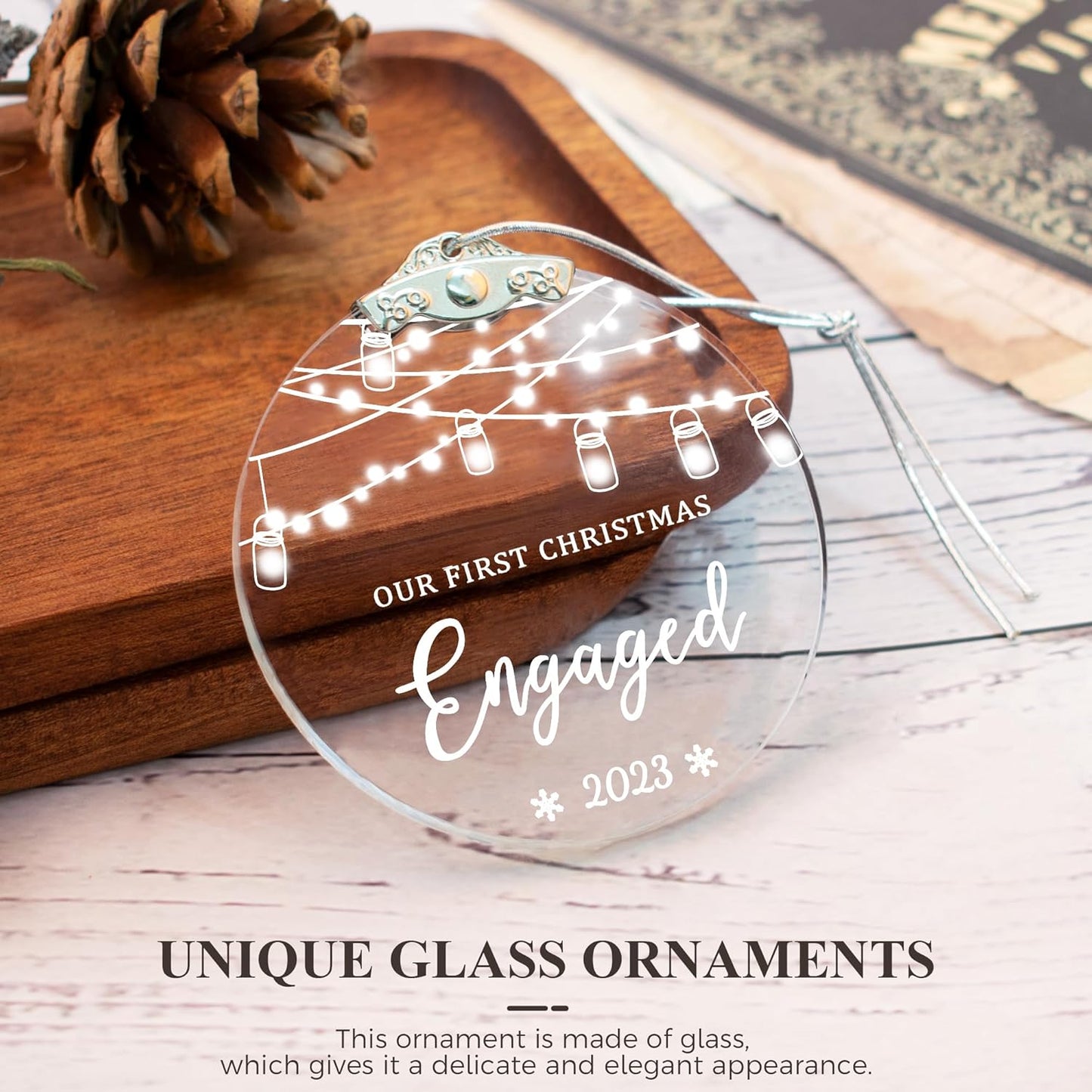 Our First Christmas 'Engaged' Ornament - Engagement & Wedding Gift, Glass Bridal Shower Ornament for Couples