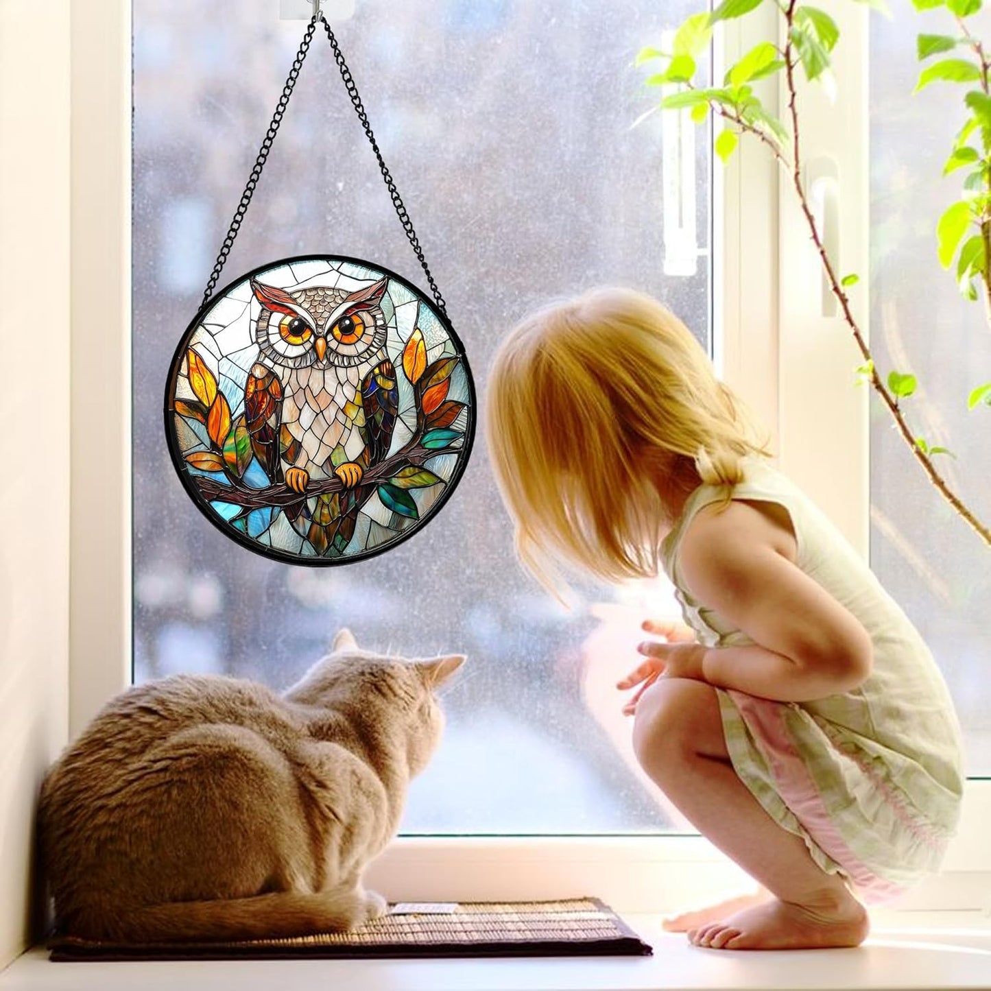 Stained Glass Window Hanging, Owl Colorful Leaves Birds Sun Catchers Diamond Glass Panel Hangings Suncatcher Decor for Birthday for Women, Men, Wife, Aunt, and Mom 7.8 in