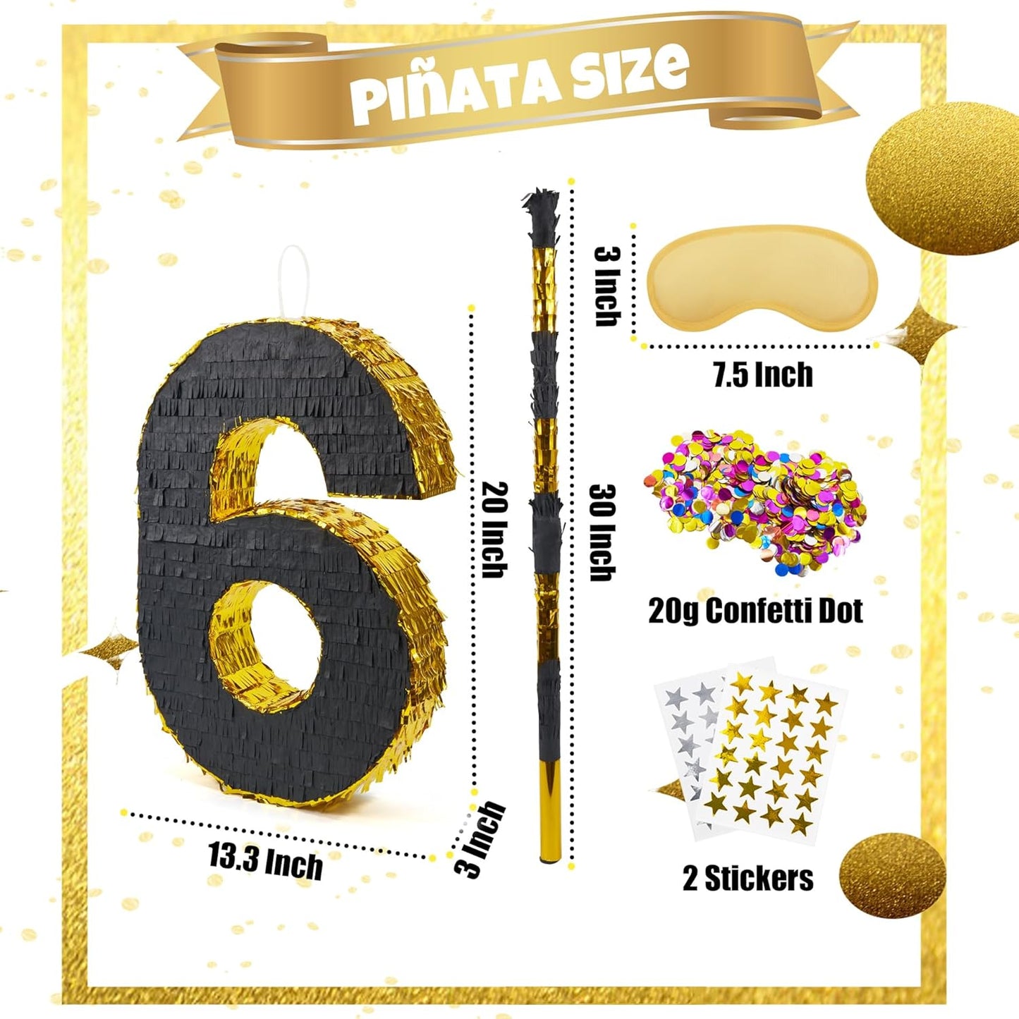 PCFING 20 Inch Number 6 Piñata Gold Black with 30 Inch Piñata Stick Blindfold Confetti for Man Women Boys Girls Birthday Party Decorations, Anniversary Celebration, Fiesta