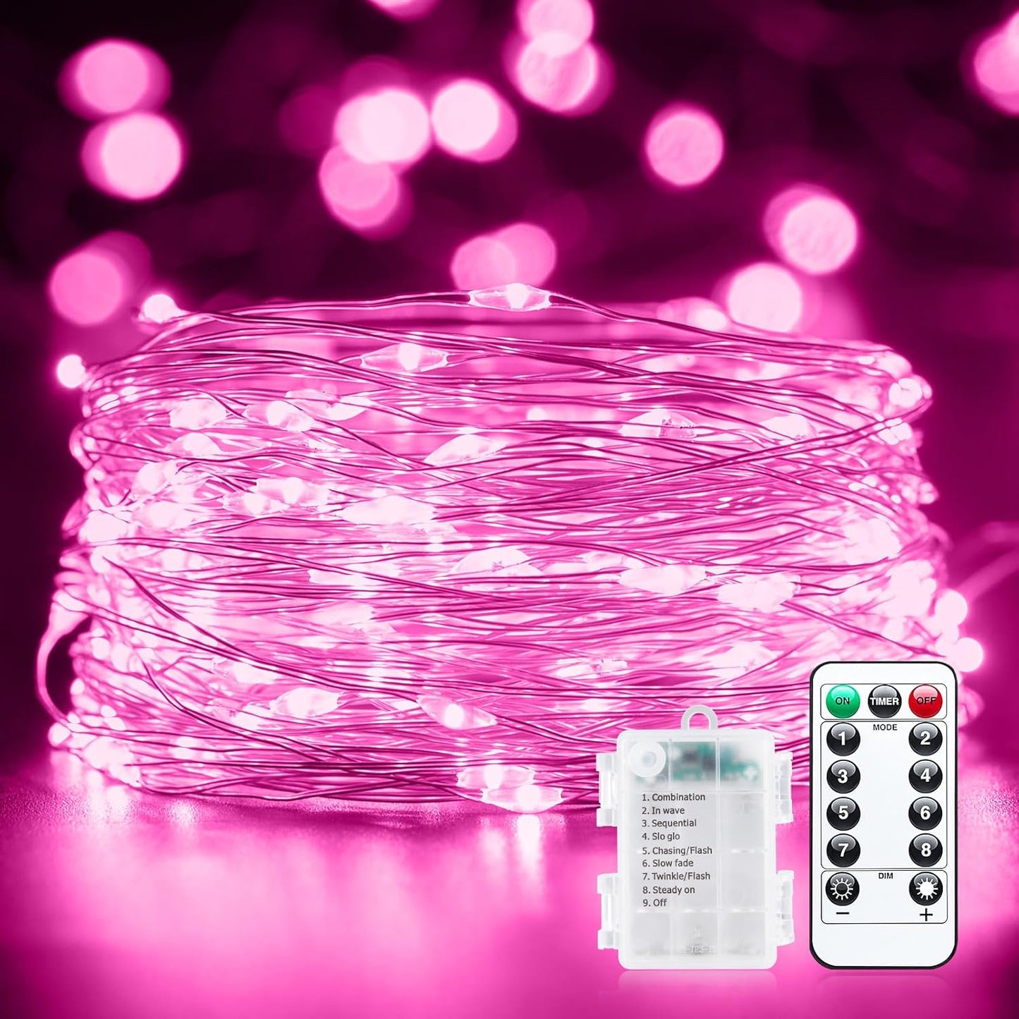 66Ft 200 LED Outdoor String Lights, Pink Fairy Lights Battery Operated with Remote, Waterproof Twinkle Lights for Bedroom Dorm Patio Tapestry Backyard Garden Party Indoor Valentine's Day Decoration
