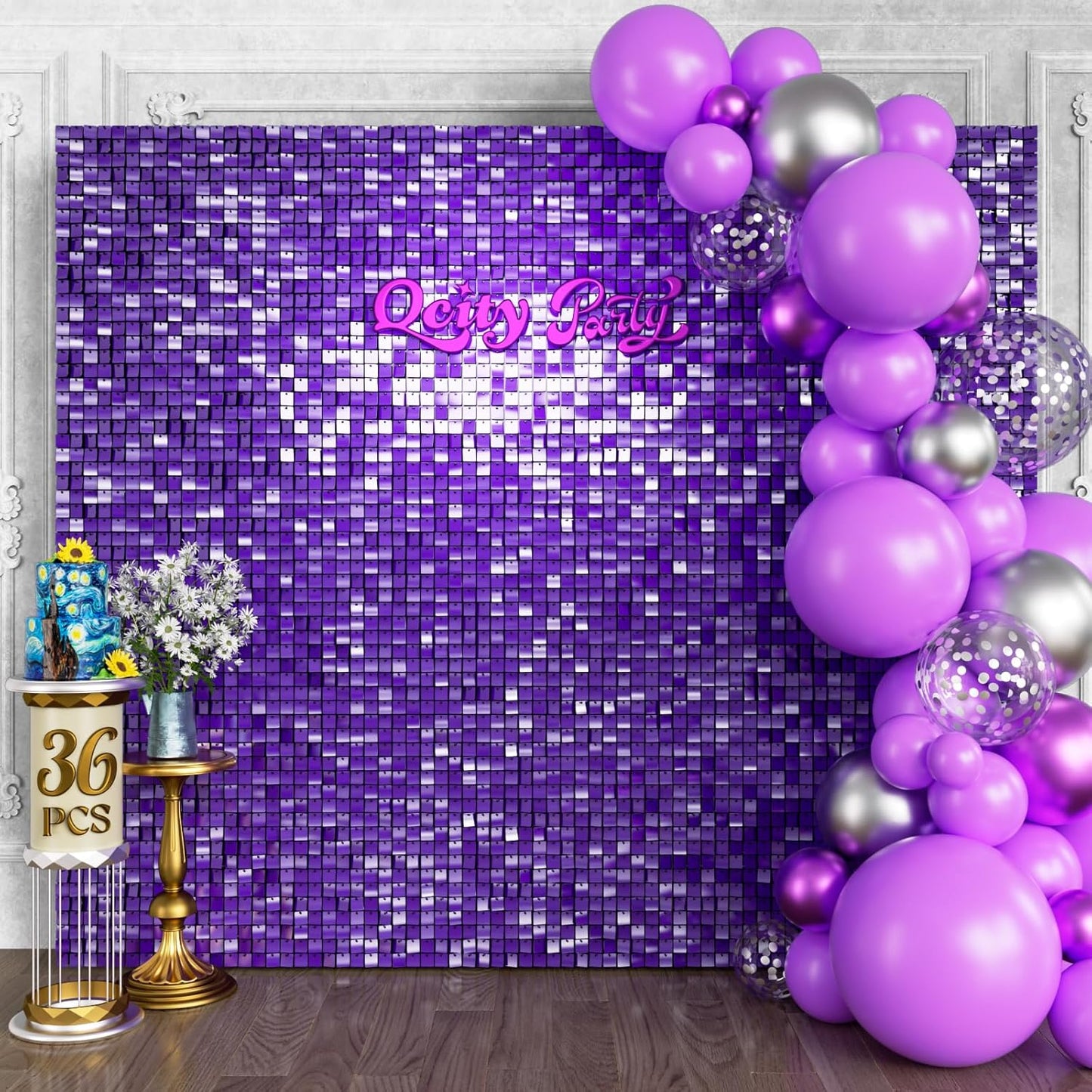 Qcity Purple Shimmer Wall Backdrop 36PCS, Black Back Not See-Through Design, Square Sequin Glitter Backdrop Panel, Perfect for Outdoor Events, Birthdays, Wedding and Party Decoration