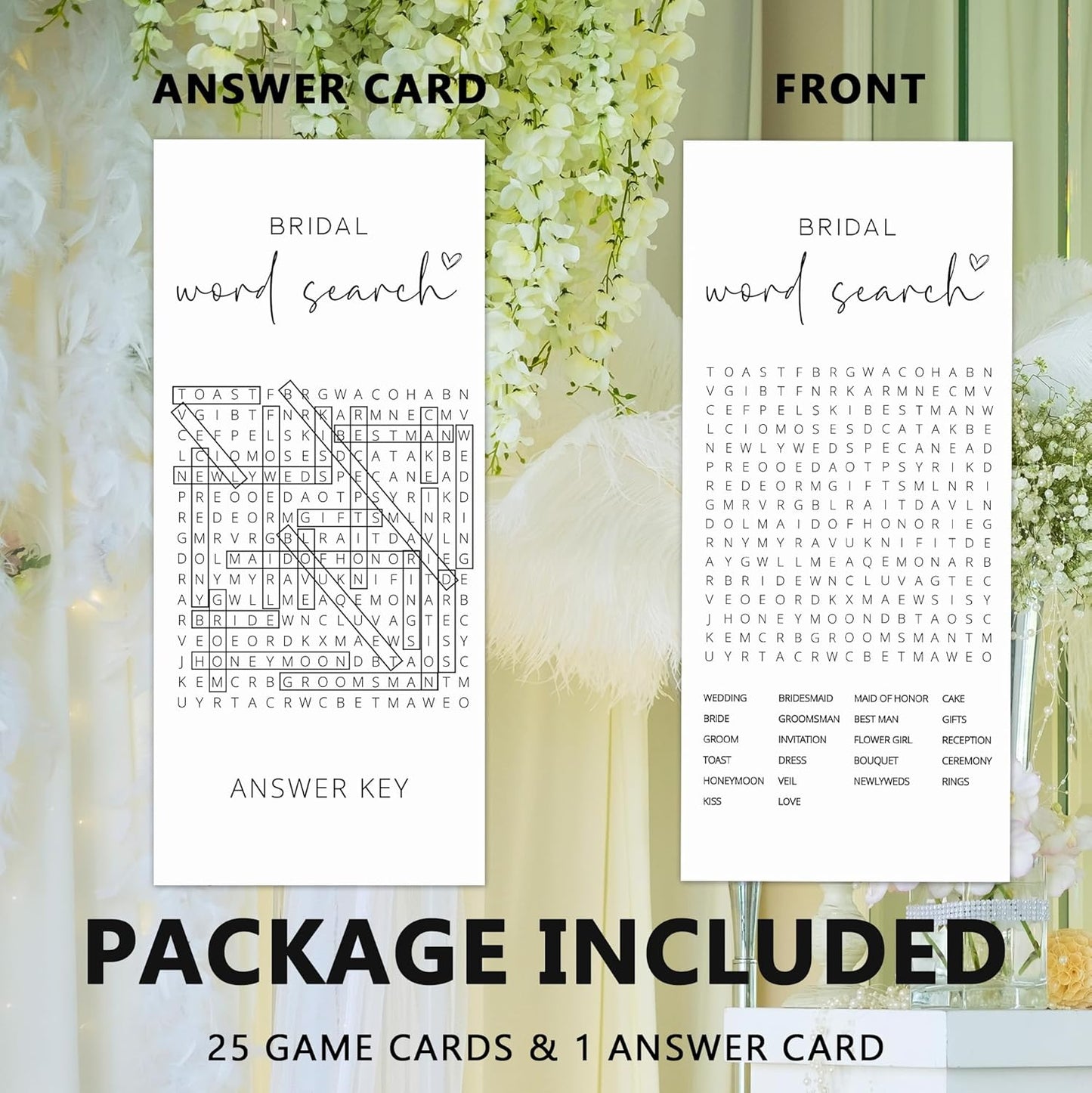 Bridal Shower Games, Word Search, 25Pcs 4x9inch Minimalist White Double-Sided Bridal Game Cards with 1 Answer Key, Wedding Shower Games for Guests, Engagement Bachelorette Party Supplies - A05