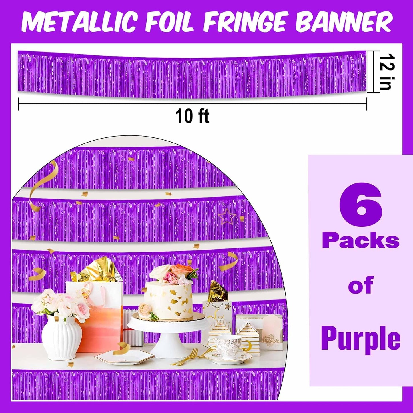 6 Pack 10 Ft Purple Foil Fringe Garland Metallic Streamers Tinsel Banner Wall Hanging Garland Backdrop for Parade Floats, Halloween, Christmas, Thanksgiving, New Year Party Decorations