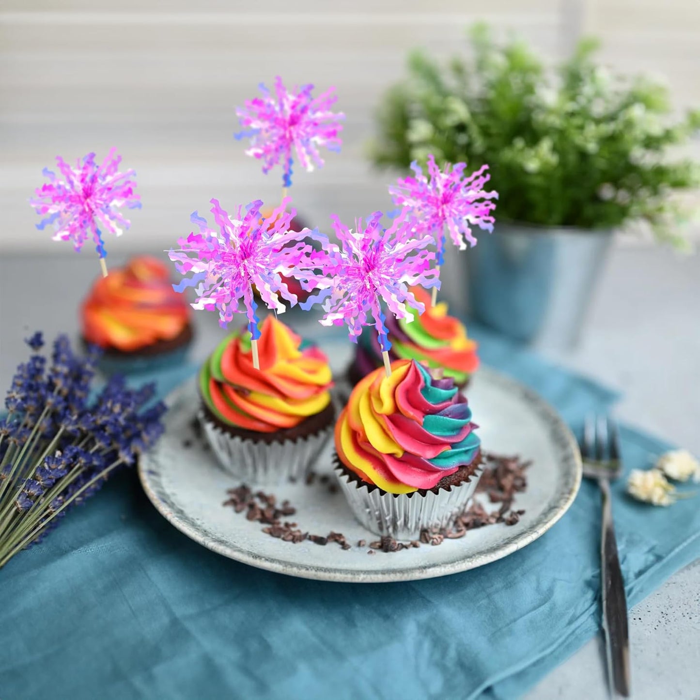 Gyufise 20Pcs Foil Firework Cupcake Toppers Happy Birthday Cake Toppers Sparkle Tinsel Flower Drink Stirrers Cocktail Food Fruit Toothpicks for Valentine's Day Party Supplies Rose Red
