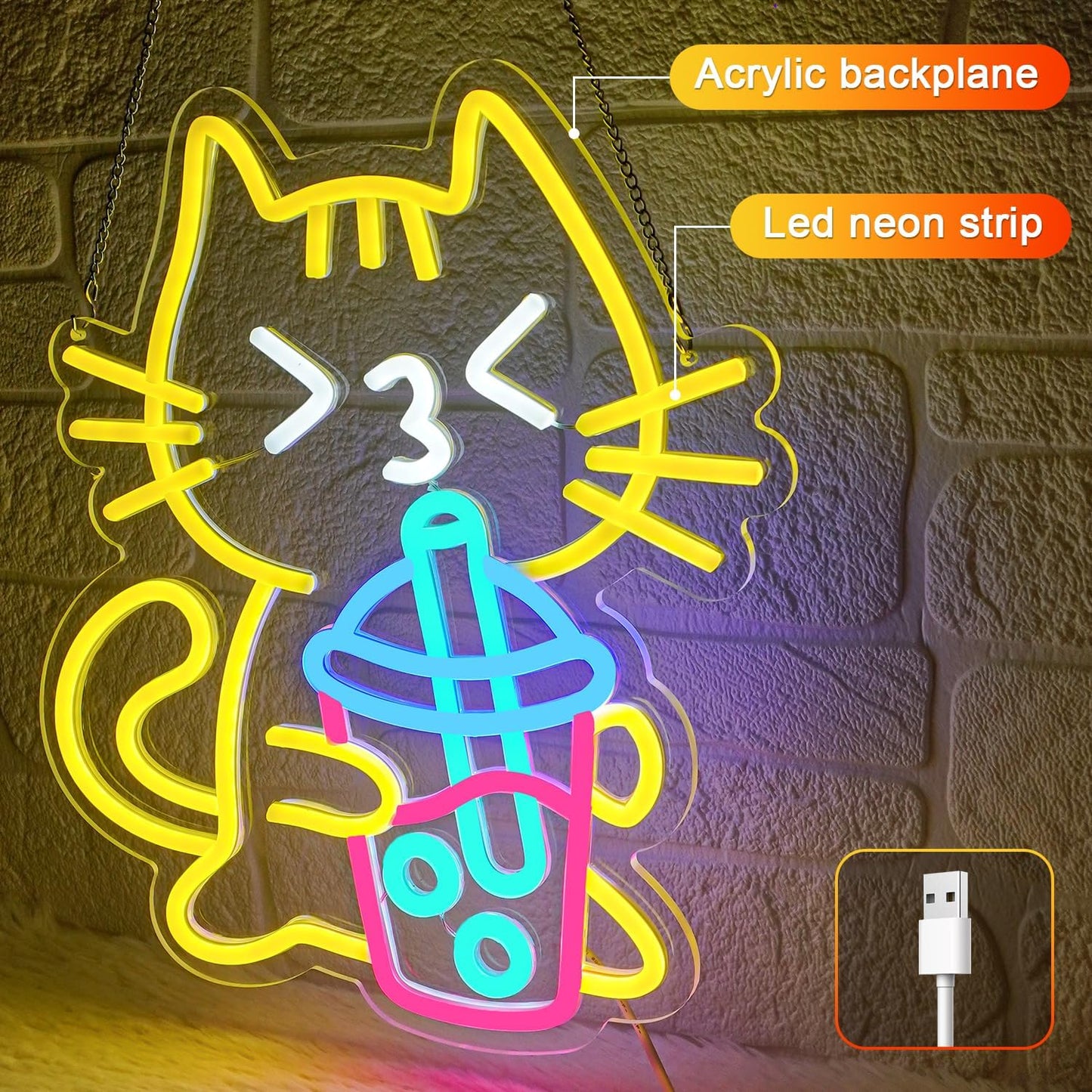 Cat Boba Tea Neon Sign Yellow Cat Led Neon Signs for Wall Decor USB Bubble Tea Neon Light Cute Animal Neon Light Sign for Bedroom Dessert Bar Coffee Shop Kitchen Restaurant Party