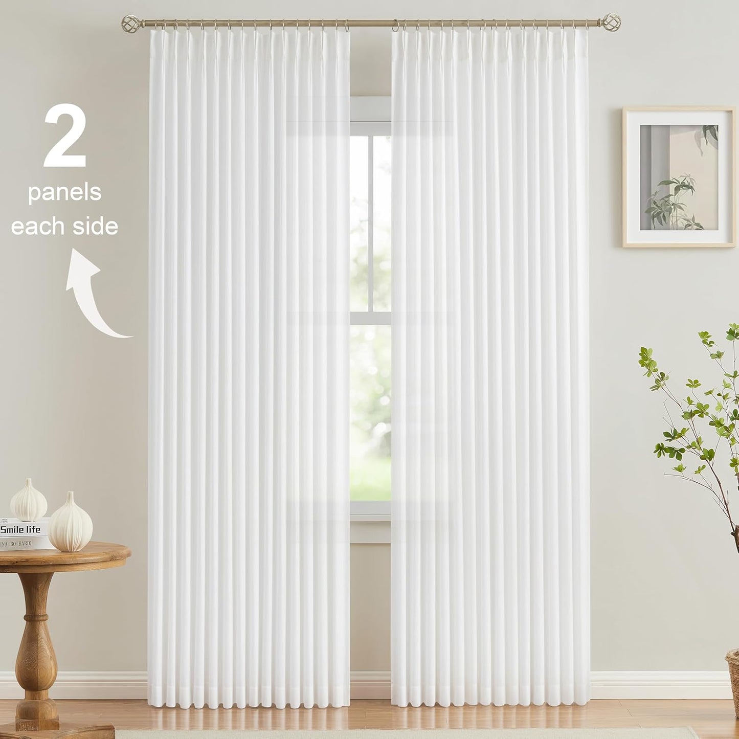 Vision Home White Pinch Pleated Semi Sheer Curtains Textured Light Filtering Window Curtains 90 inch for Living Room Bedroom Rayon Blended Pinch Pleat Drapes with Hooks 2 Panels 40" Wx90 L