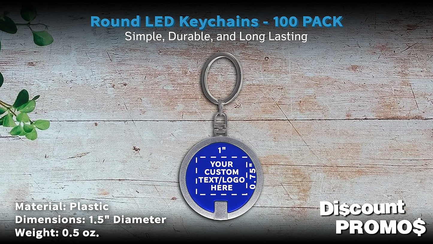 DISCOUNT PROMOS 100 Round LED Keychains - Customizable Text, Logo - Battery included, Plastic - Blue