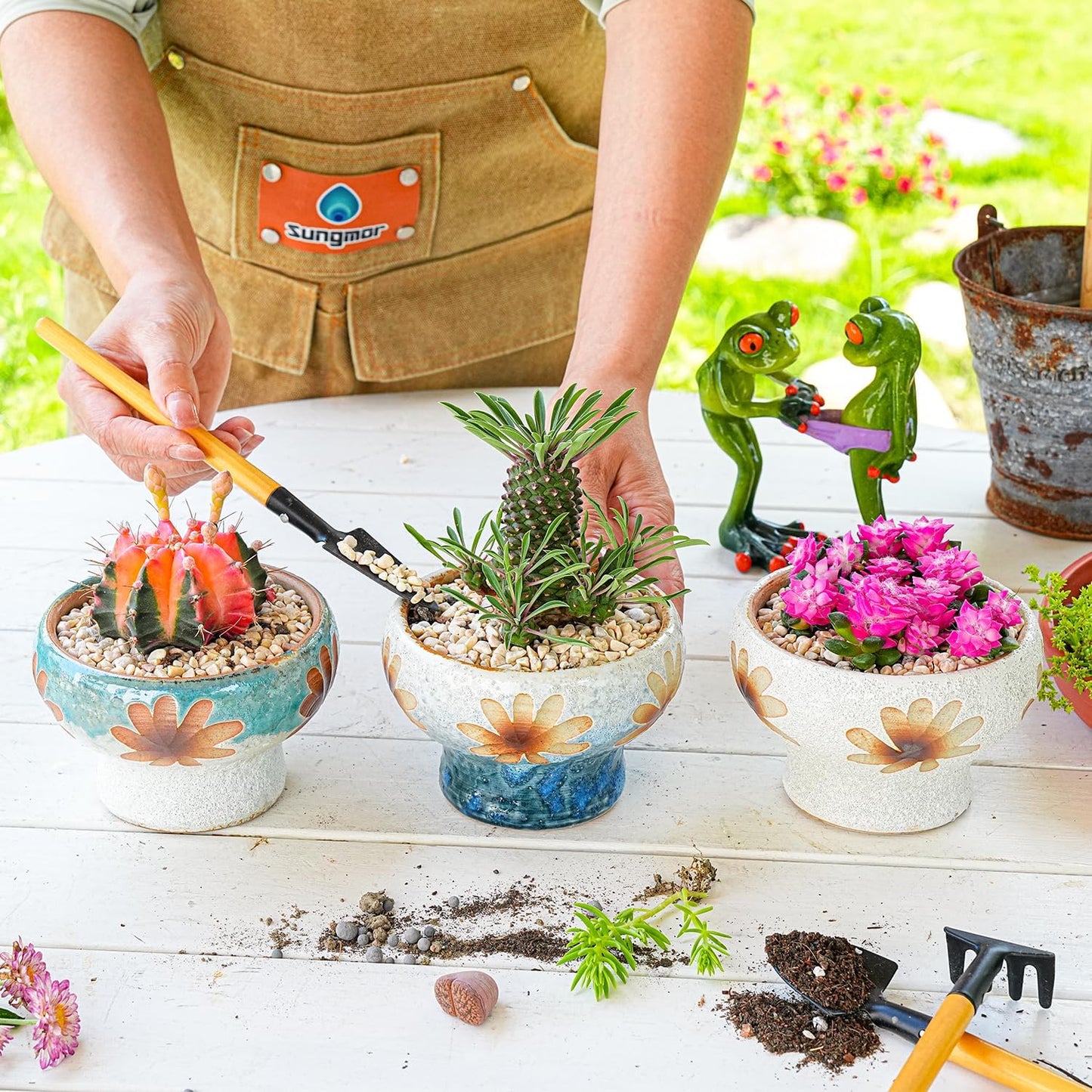 Sungmor Small Succulent Planters Set of 3, Beautiful Hand Crafted Ceramic Plant Pots Cute Cactus Pot, 4.9 Inch Flower Pots for Indoor Plants with Drainage, Desktop Windowsill Home Office Decor Pots