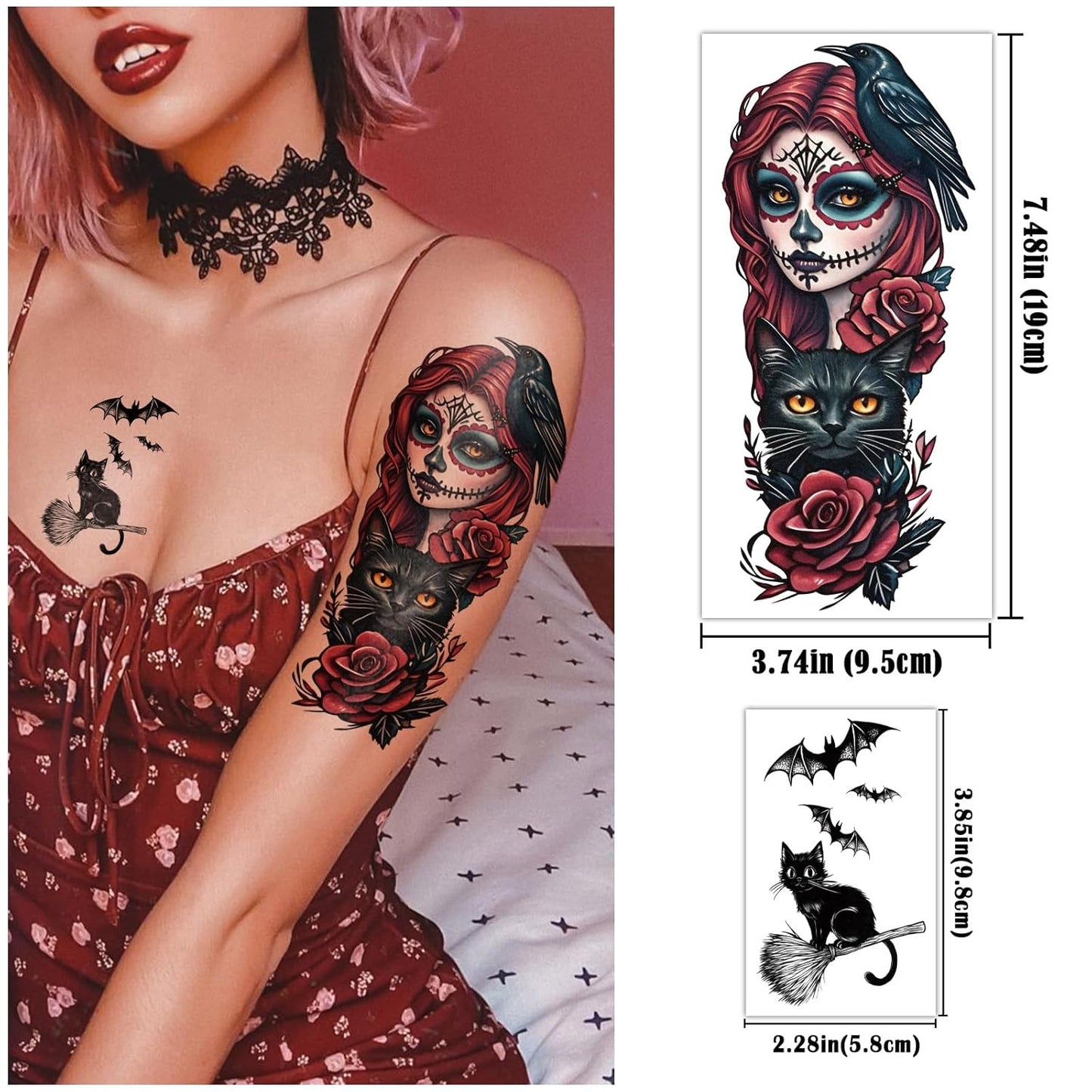 77 Sheets Witch Temporary Tattoos Women Men Adults, Skeleton Death Skull Pointed Black Hats Brooms Cauldrons Black Cats Half Arm Halloween Fake Tattoo, Bat Scary Tattoos for Halloween Costume