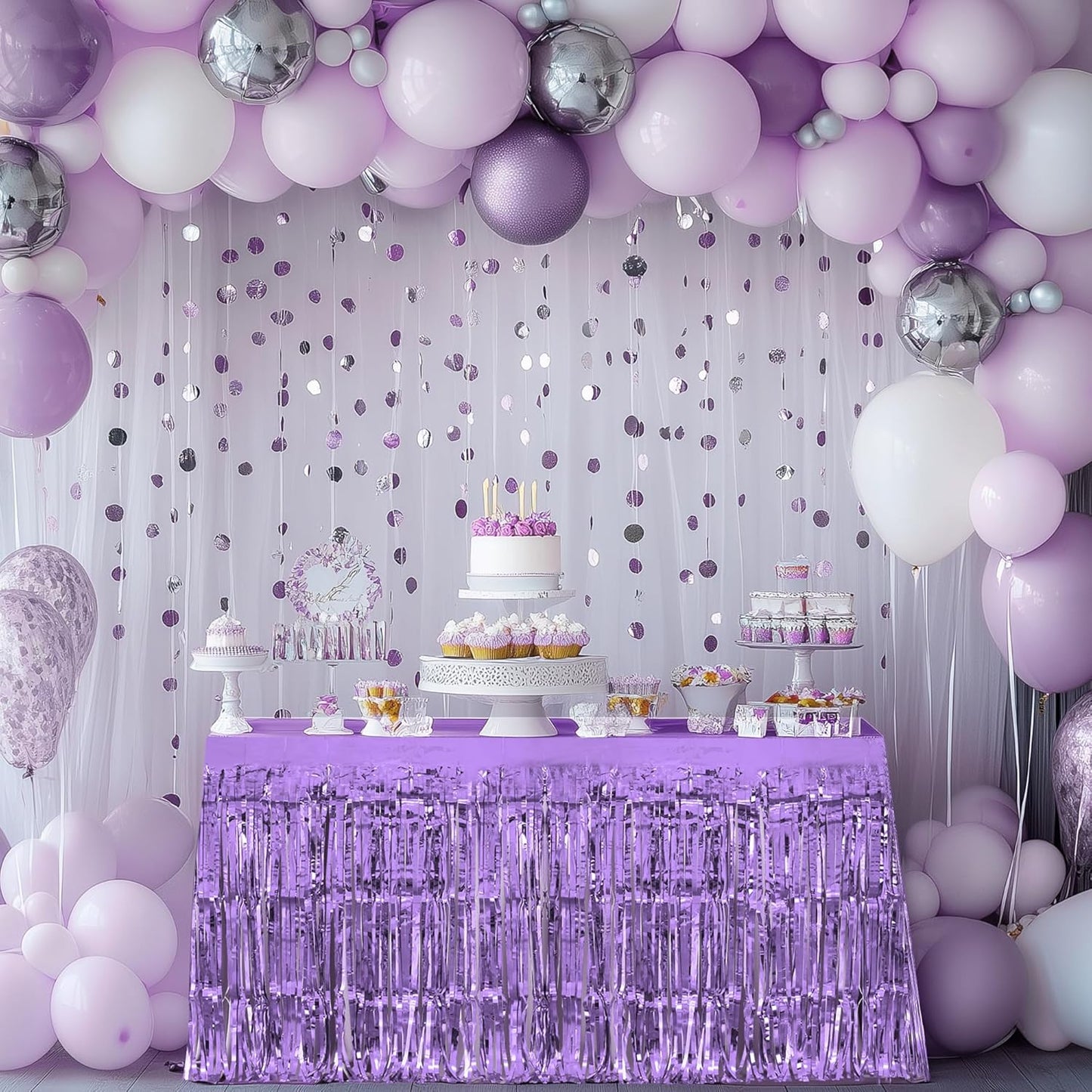 1 Pack Light Purple Table Skirts, 29x108" Metallic Foil Tinsel Fringe Table Skirts for Rectangle Tables Streamer Curtains Backdrop, Party Decorations for Birthdays Weddings Holidays