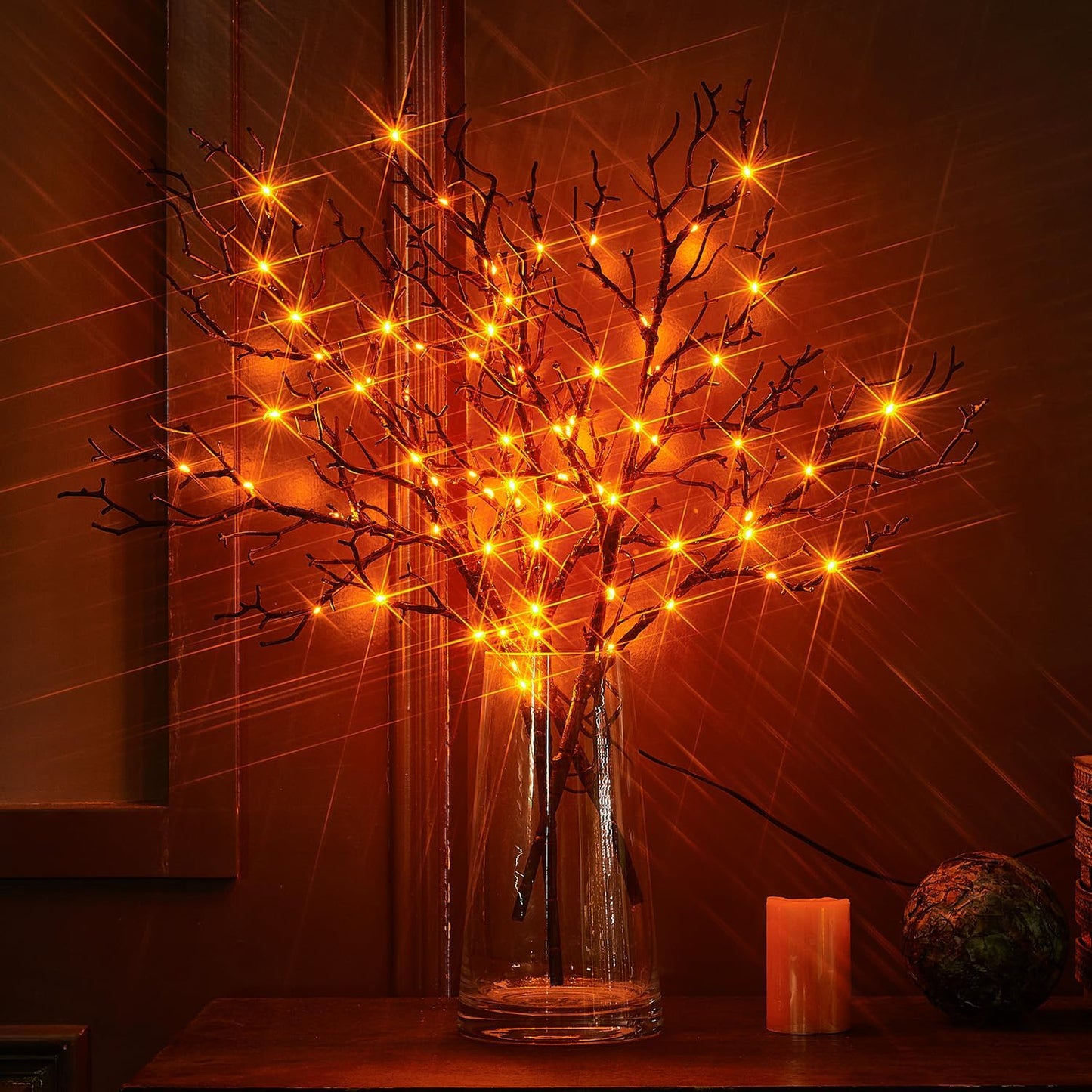Birchlitland Halloween Branch Lights with Timer Battery Operated 75 LED Orange Fairy Lights, Lighted Black Willow Branches 21IN for Home Decor