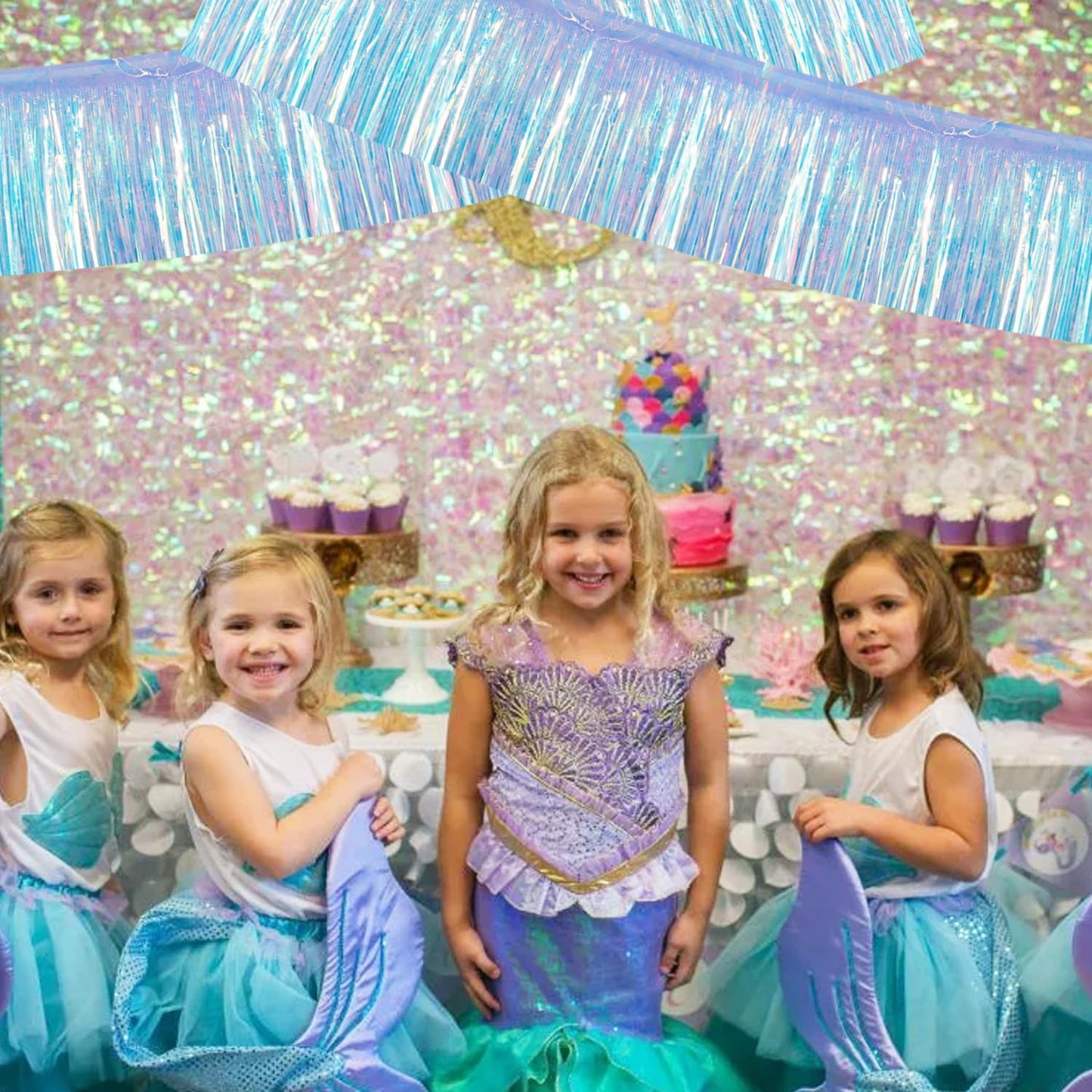 BEISHIDA 3 Packs 30 Feet Metallic Foil Fringe Garland Tinsel Streamers，Iridescent Blue Wall Hanging Tinsel Fringe Banners for Wedding Birthday Party Decoration Halloween Christmas New Year